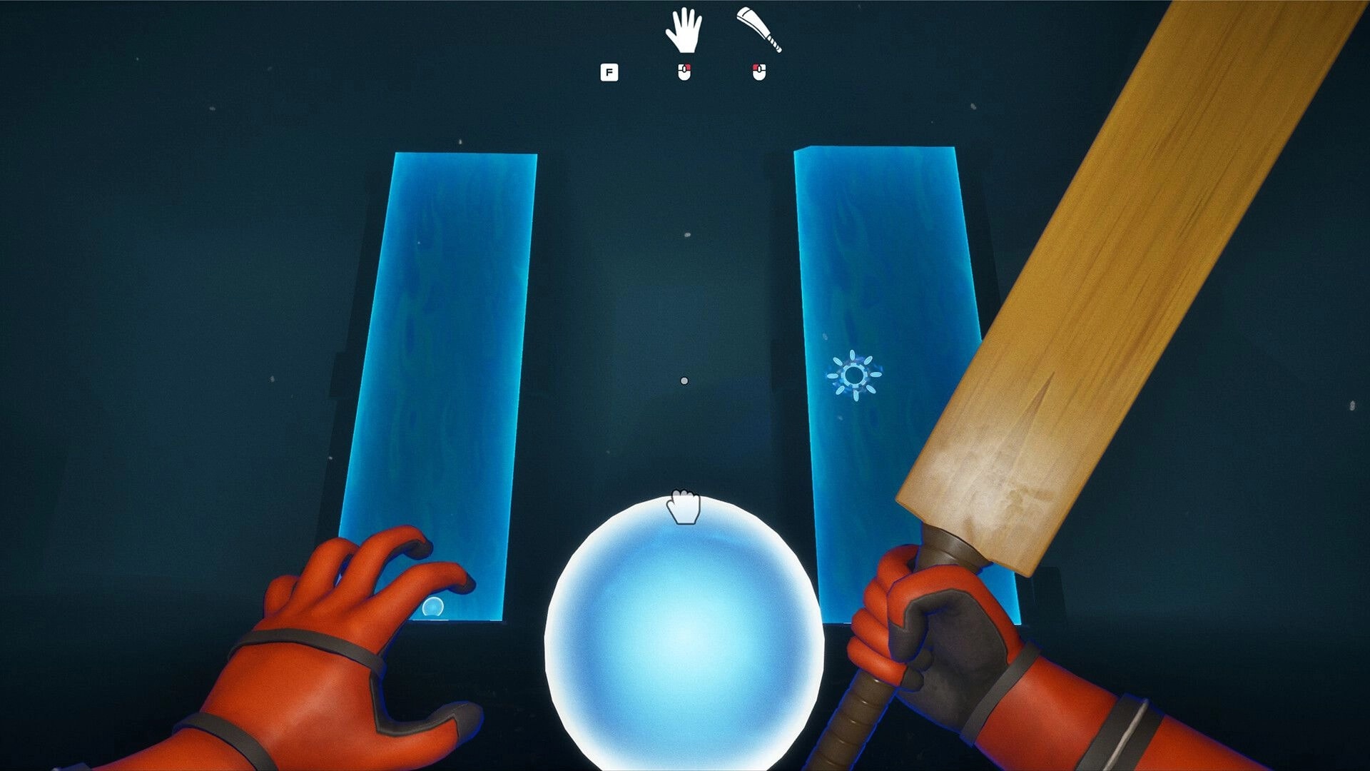 Puzzle Parasite: Player holding bat near glowing orb with blue panels in dark puzzle chamber.