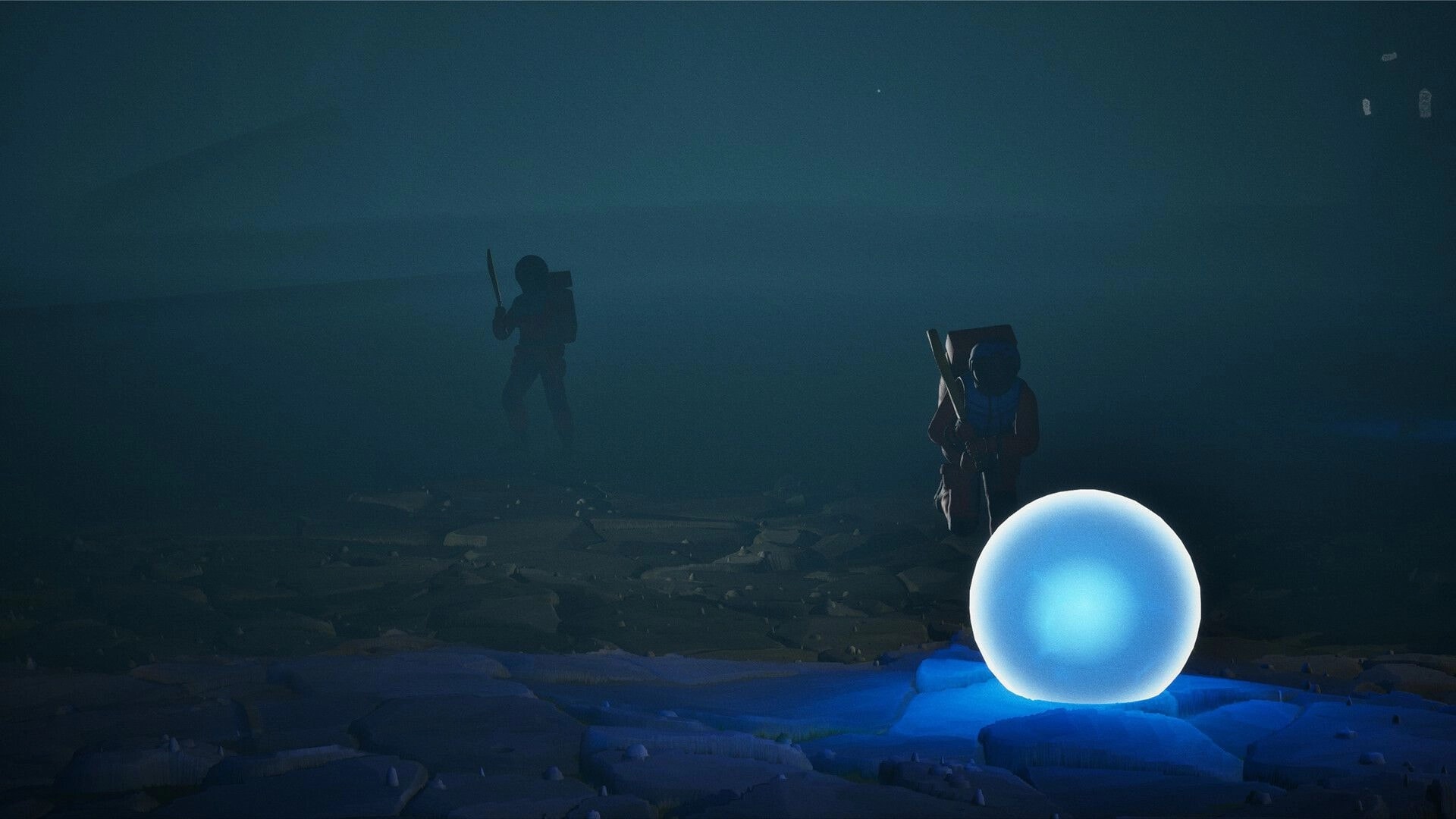 Puzzle Parasite: Two explorers approach a glowing orb in mysterious alien ruins, dimly lit environment.