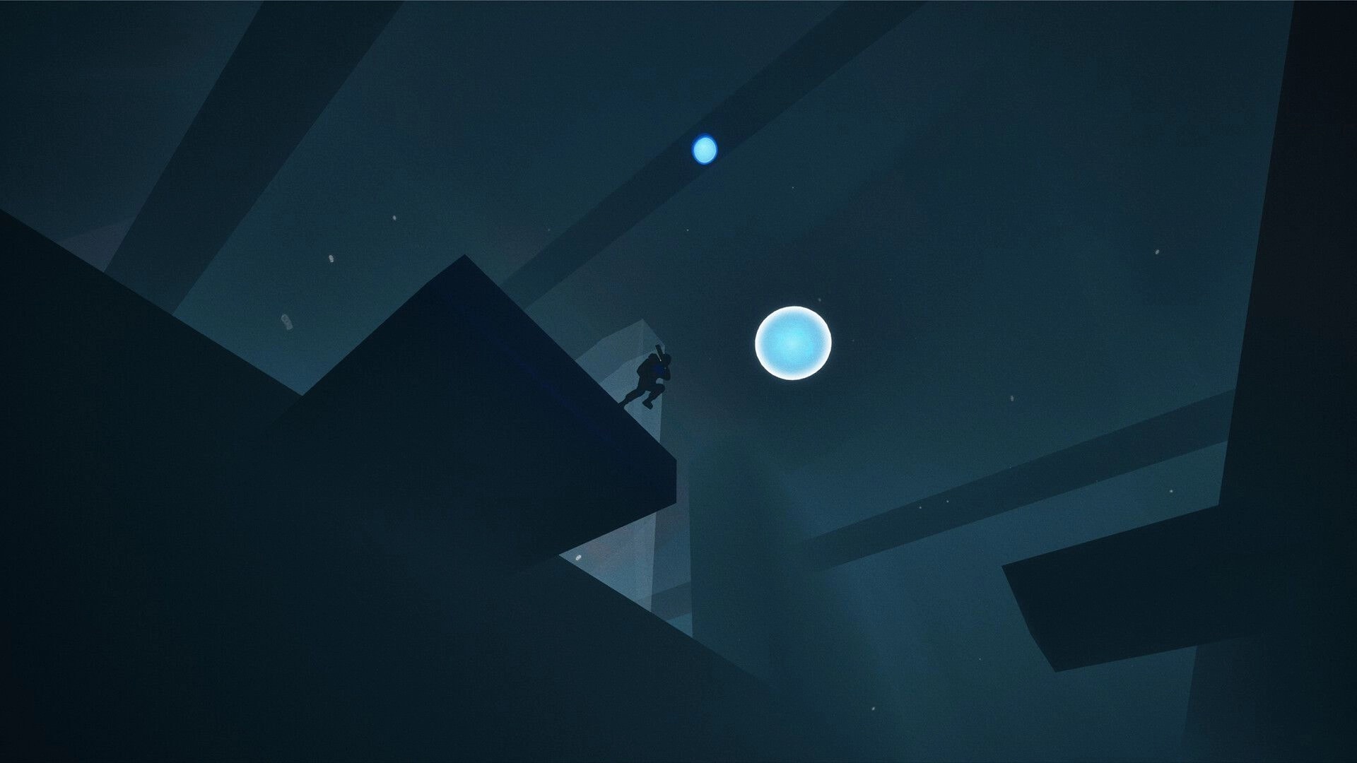 Puzzle Parasite: Character leaping towards glowing orb in dimly lit alien ruins environment