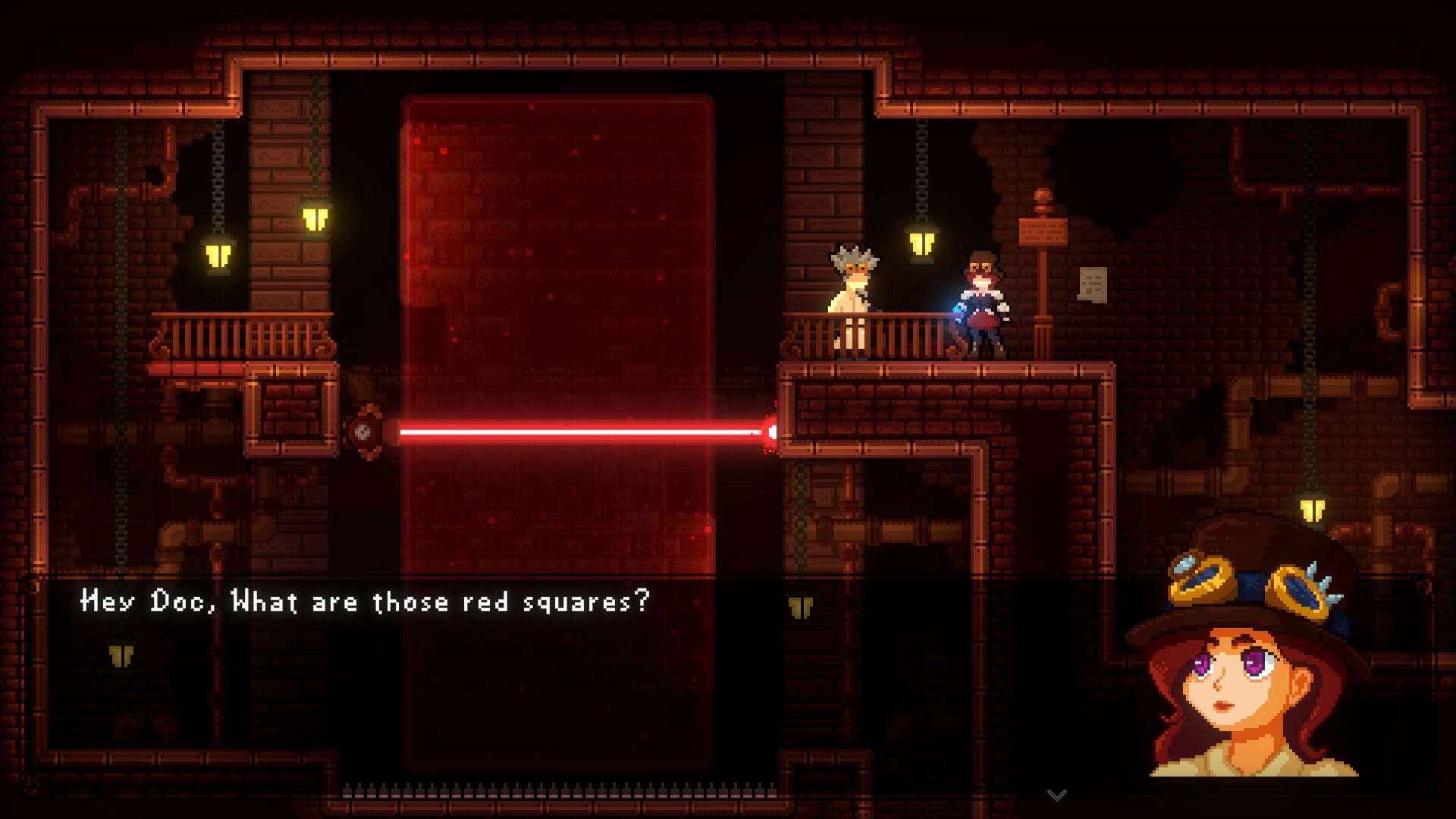Quantum Quartz: Character dialogue with glowing red laser and steampunk lab setting in pixel art style