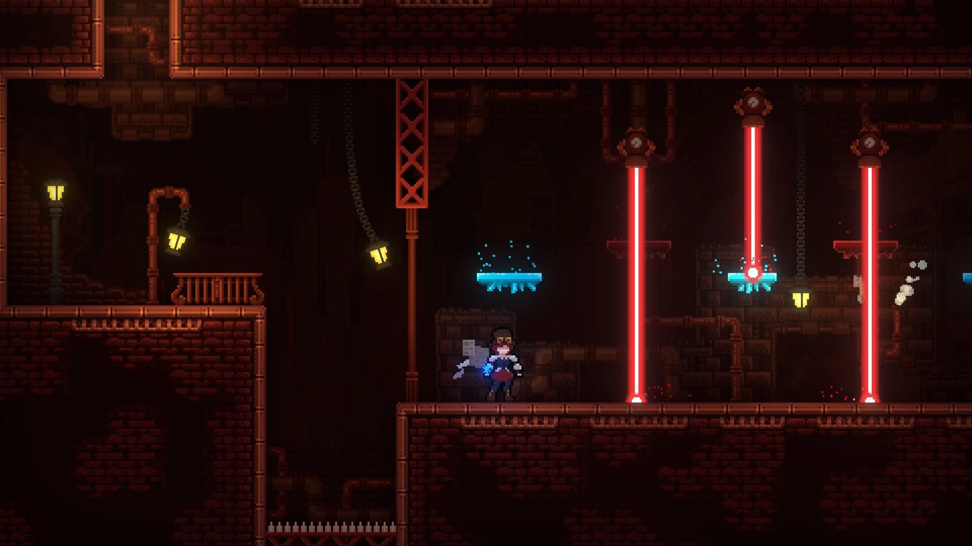 Quantum Quartz: Character navigating lasers and toggled platforms in dimly lit steampunk environment