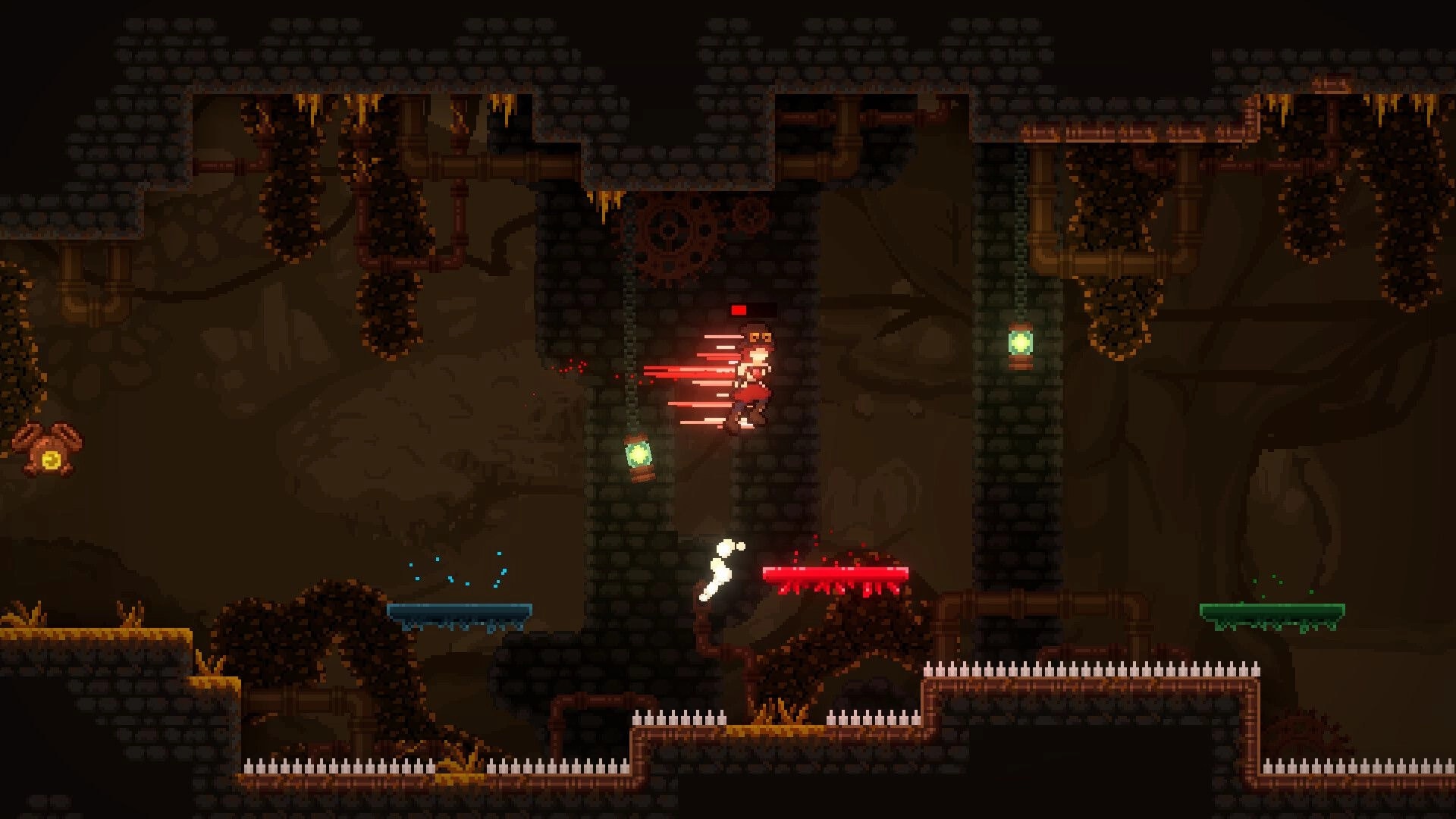 Quantum Quartz: Character leaps over spikes in steampunk cave with glowing platforms and gears.