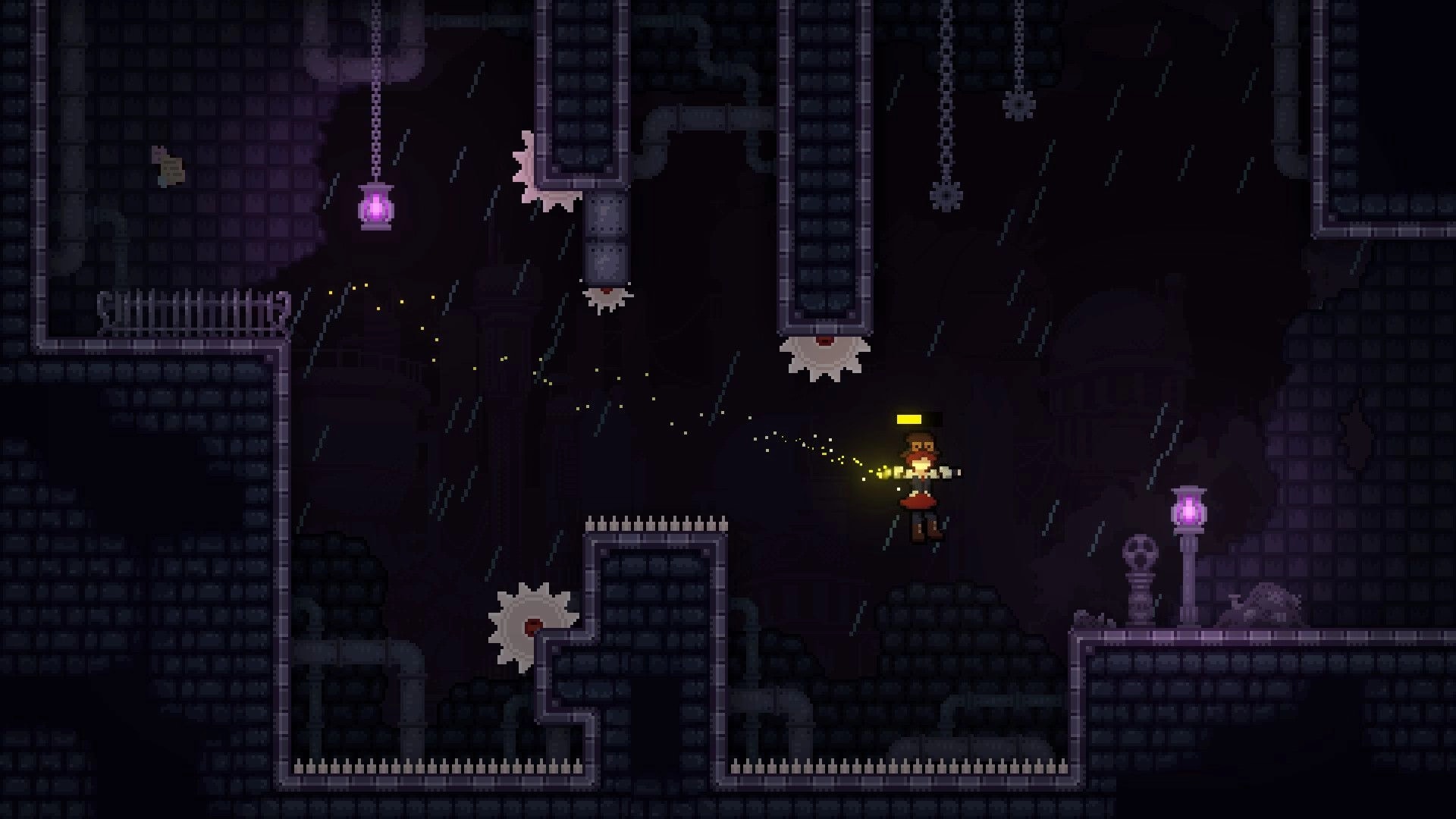 Quantum Quartz: Character jumps between spinning blades in a dark, steampunk-themed platforming level.