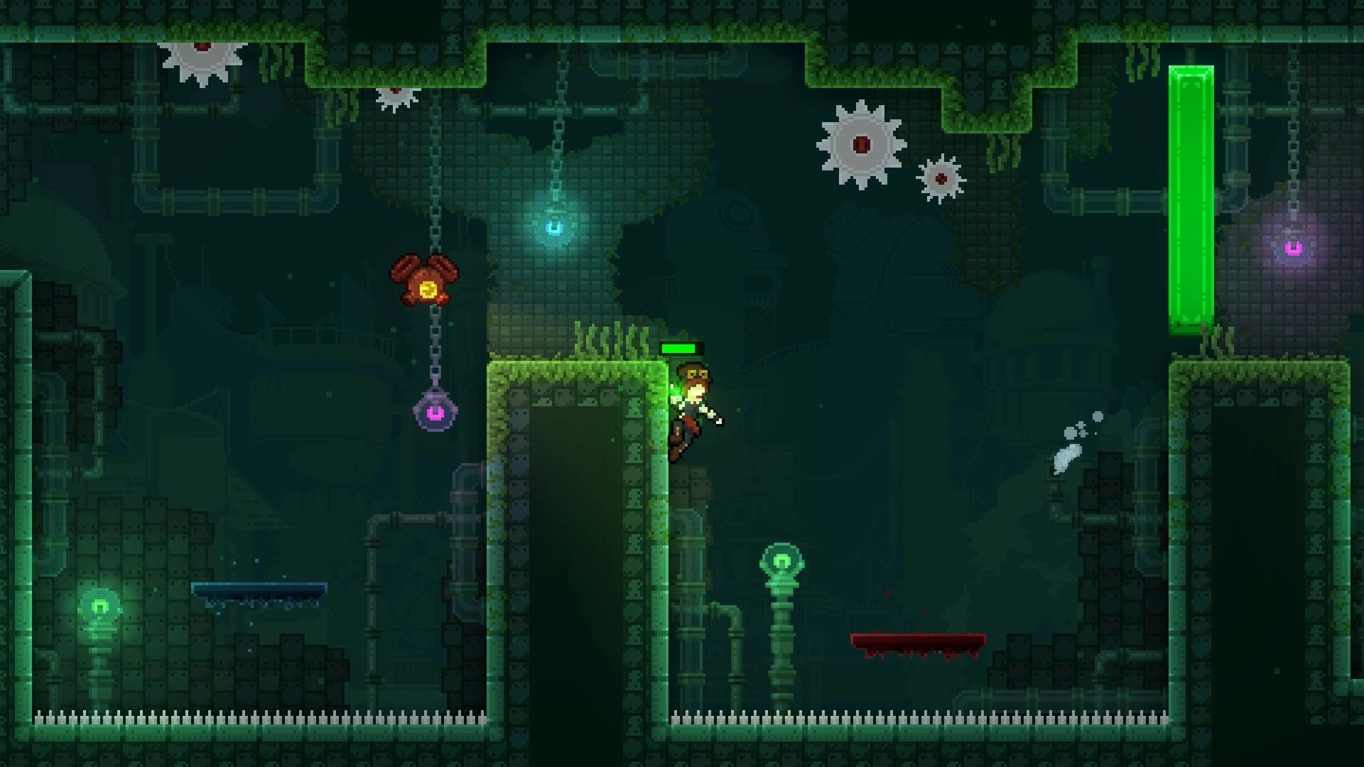 Quantum Quartz: Character jumping over spikes with toggled green platform in industrial dungeon setting