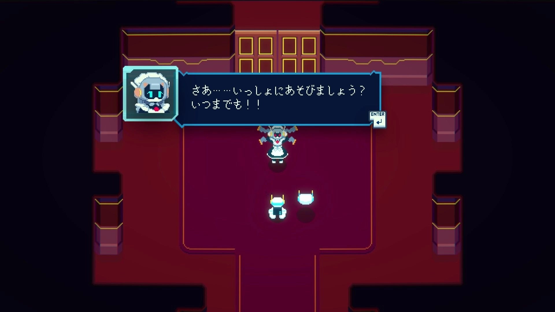 Re: Dialogue box with Japanese text over two small robots facing an NPC in a red pixel room.