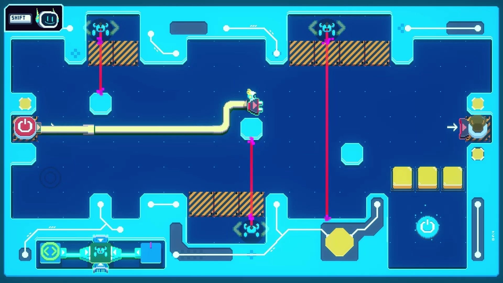 Re: Small robot avatar moves along a cable between nodes in a neon circuit puzzle room UI.