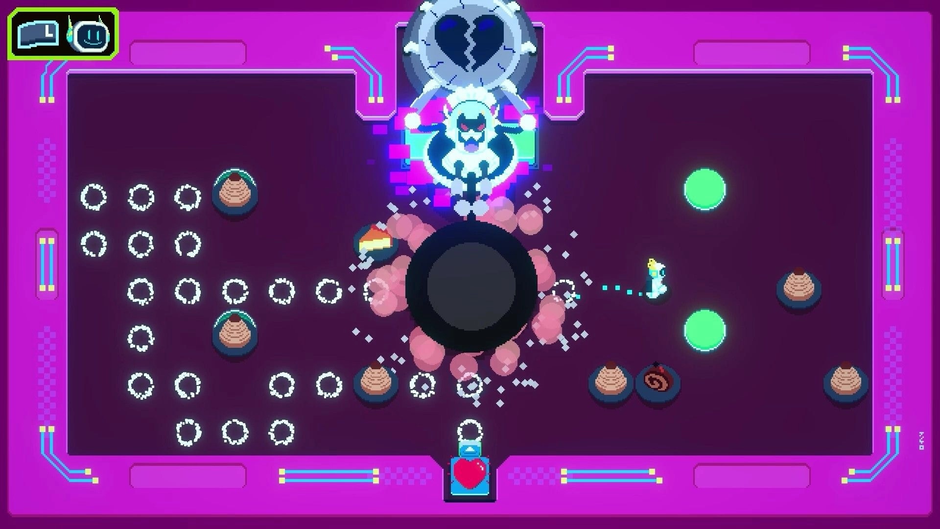 Re: Player aims a dotted shot at a white robot amid neon circuit arena with nodes and hazards.