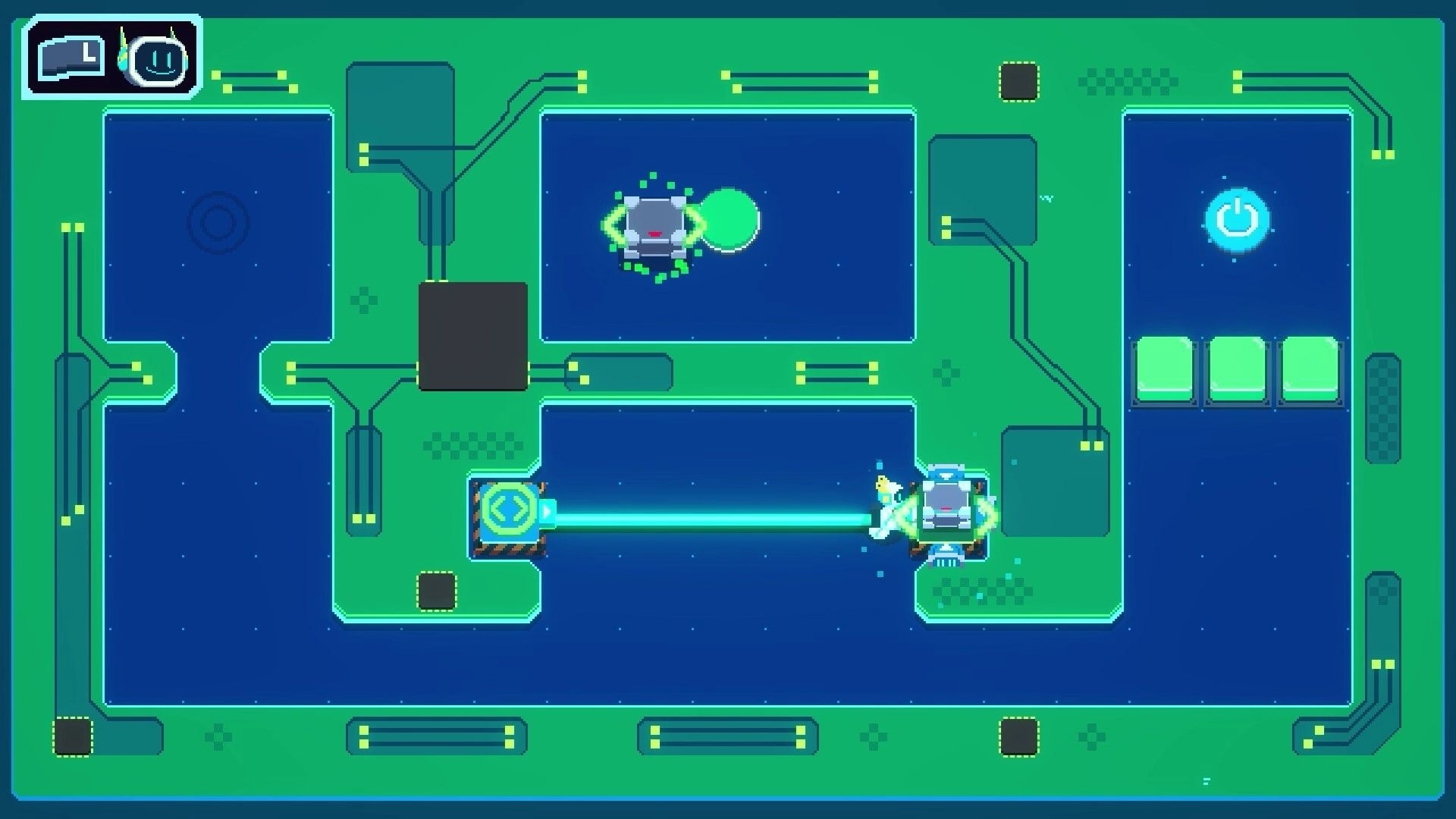 Re: Robot avatar fires a blue laser between terminals in a green circuit-board puzzle room.