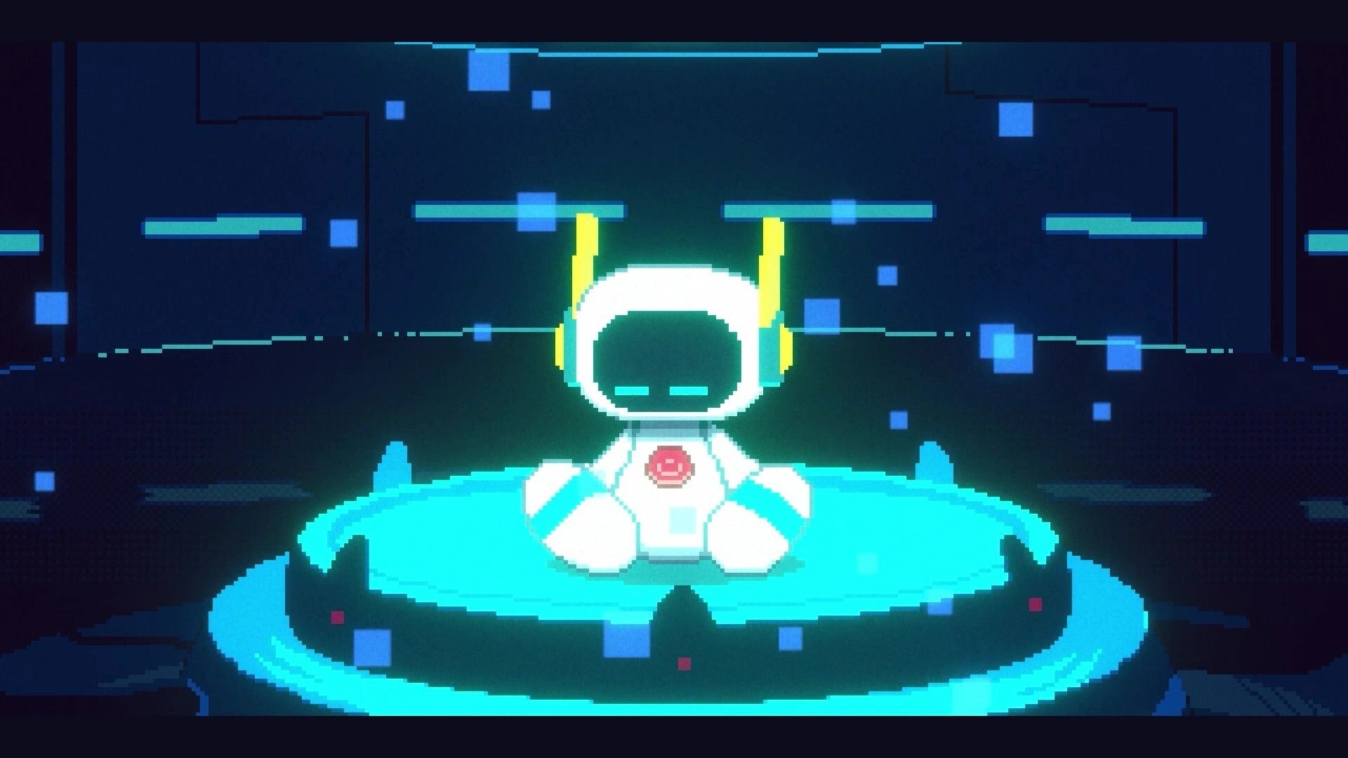Re: Small robot with glowing visor sits on a cyan platform in a dark pixelated cyber chamber.