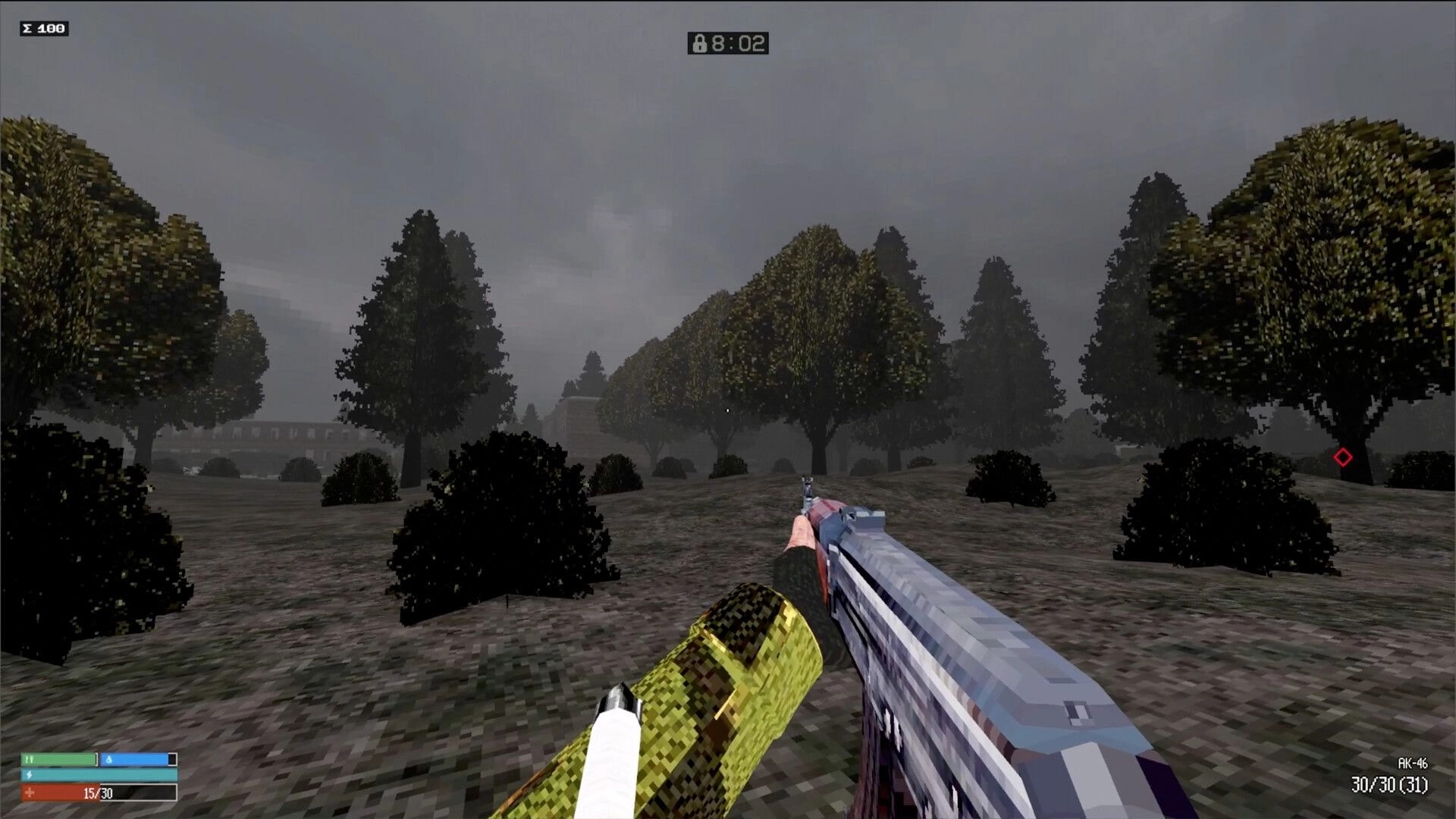 Red Light: First-person view holding a rifle in a foggy forest with scattered trees and bushes