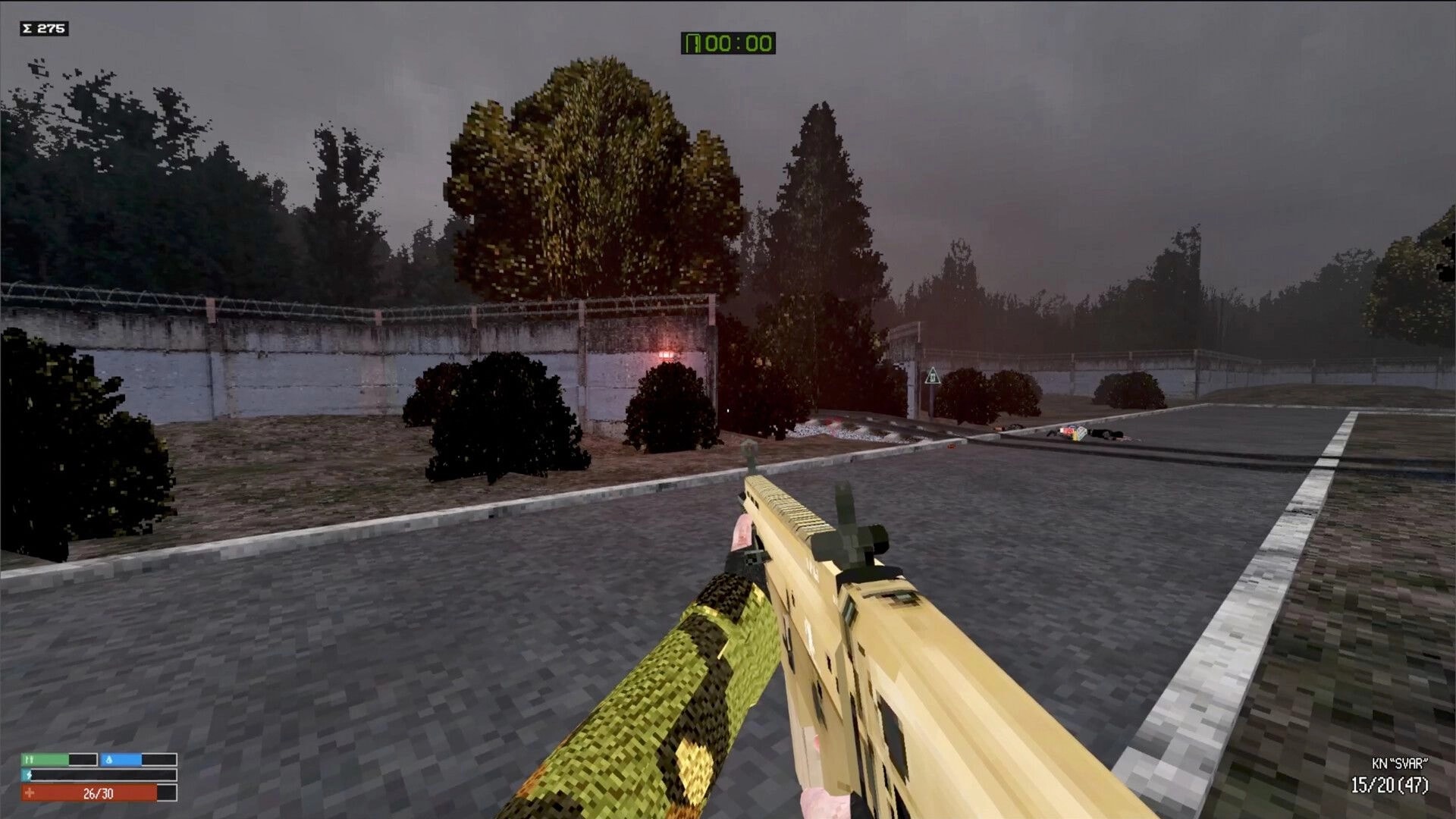 Red Light: Player aims a rifle at a gloomy, fenced area with a red light and dark trees surrounding.