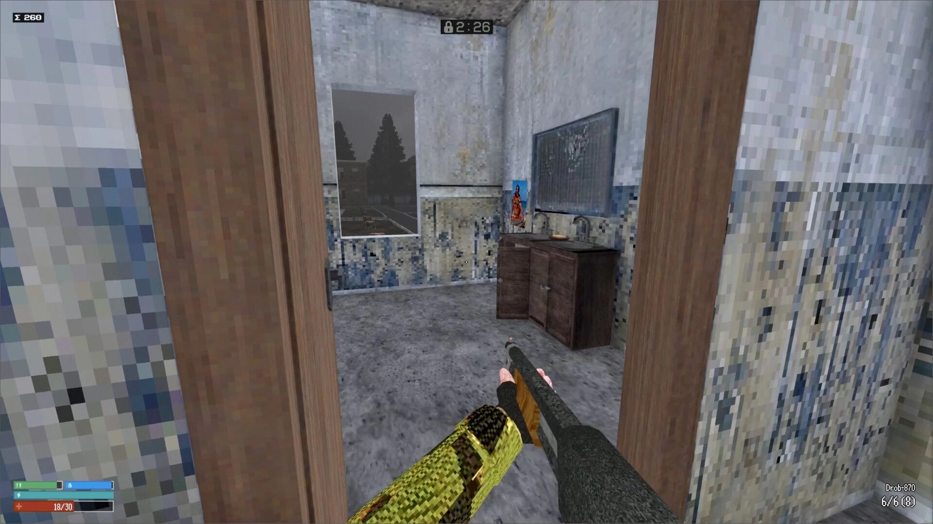 Red Light: First-person view aiming at a dilapidated room with a sink and window, timer at 2:26 visible
