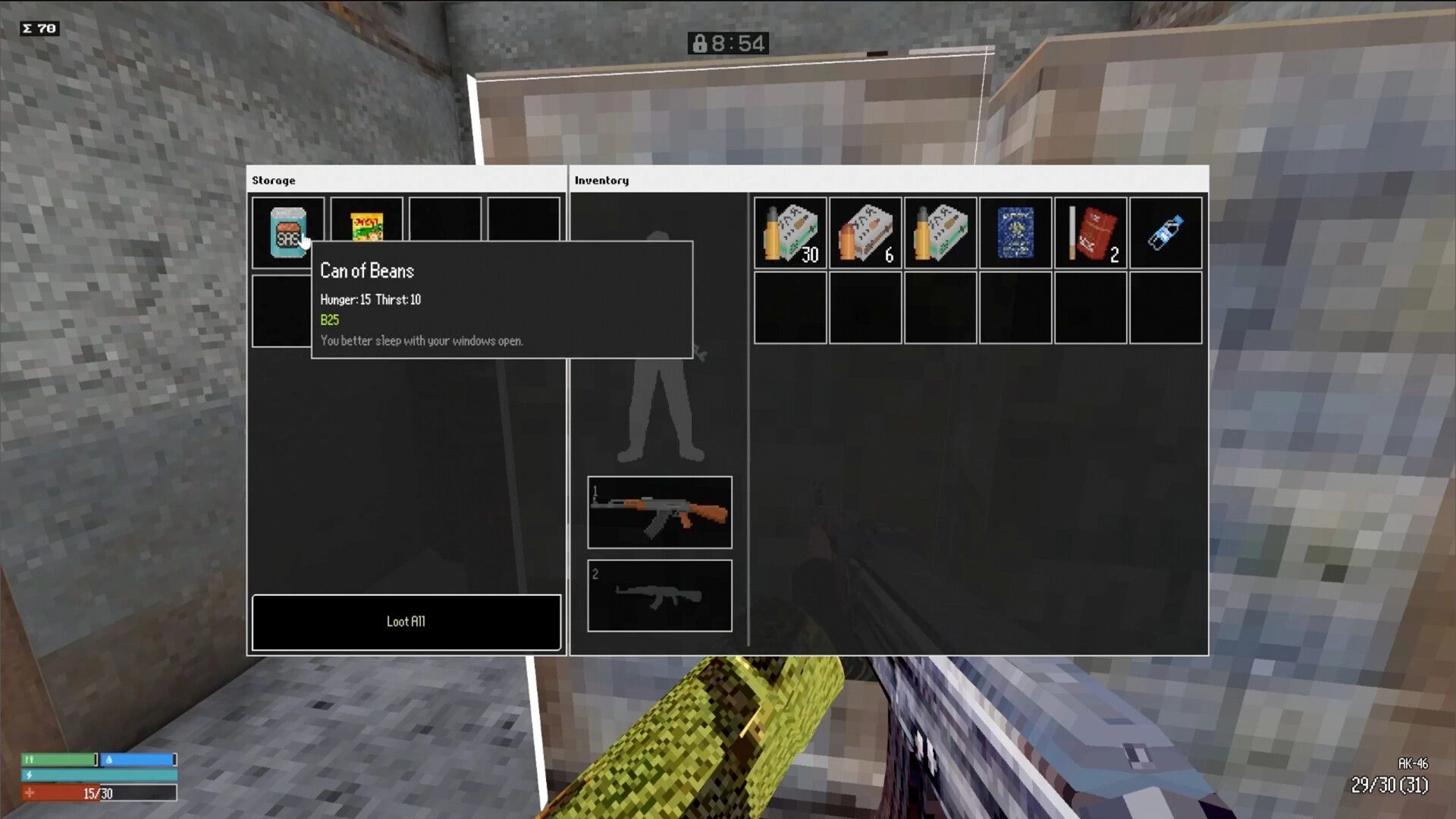 Red Light: Player inventory screen showing items like beans, ammo, and a rifle in a concrete room.