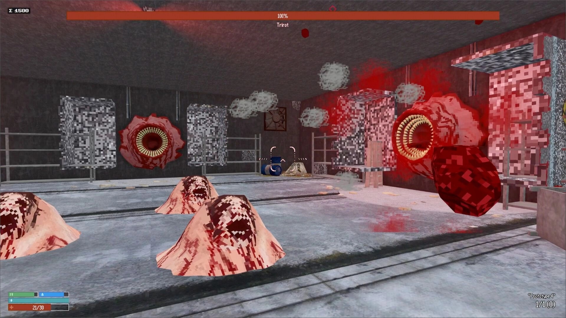 Red Light: Player aims at grotesque creatures in a pixelated, industrial room with health bars visible.