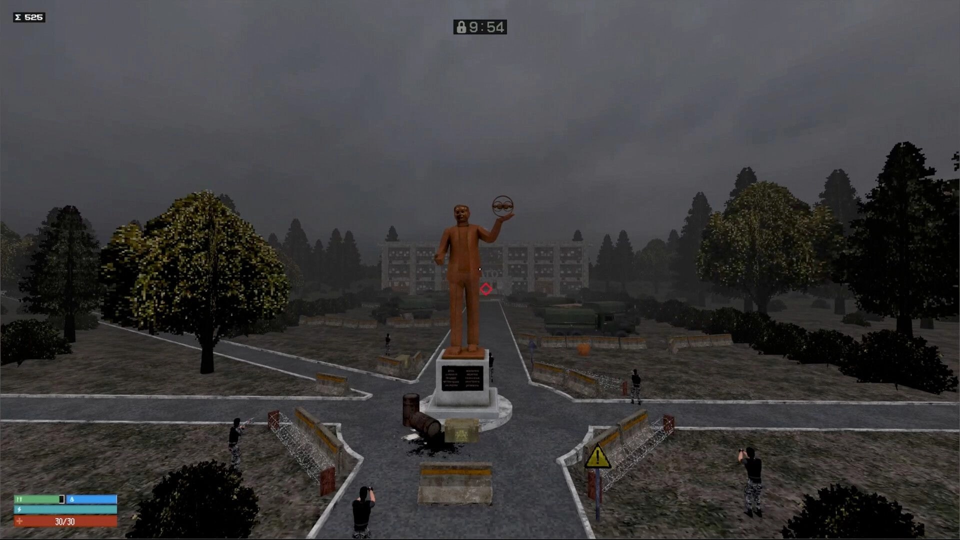 Red Light: Player aiming weapon near large statue in foggy institute courtyard with timer displayed