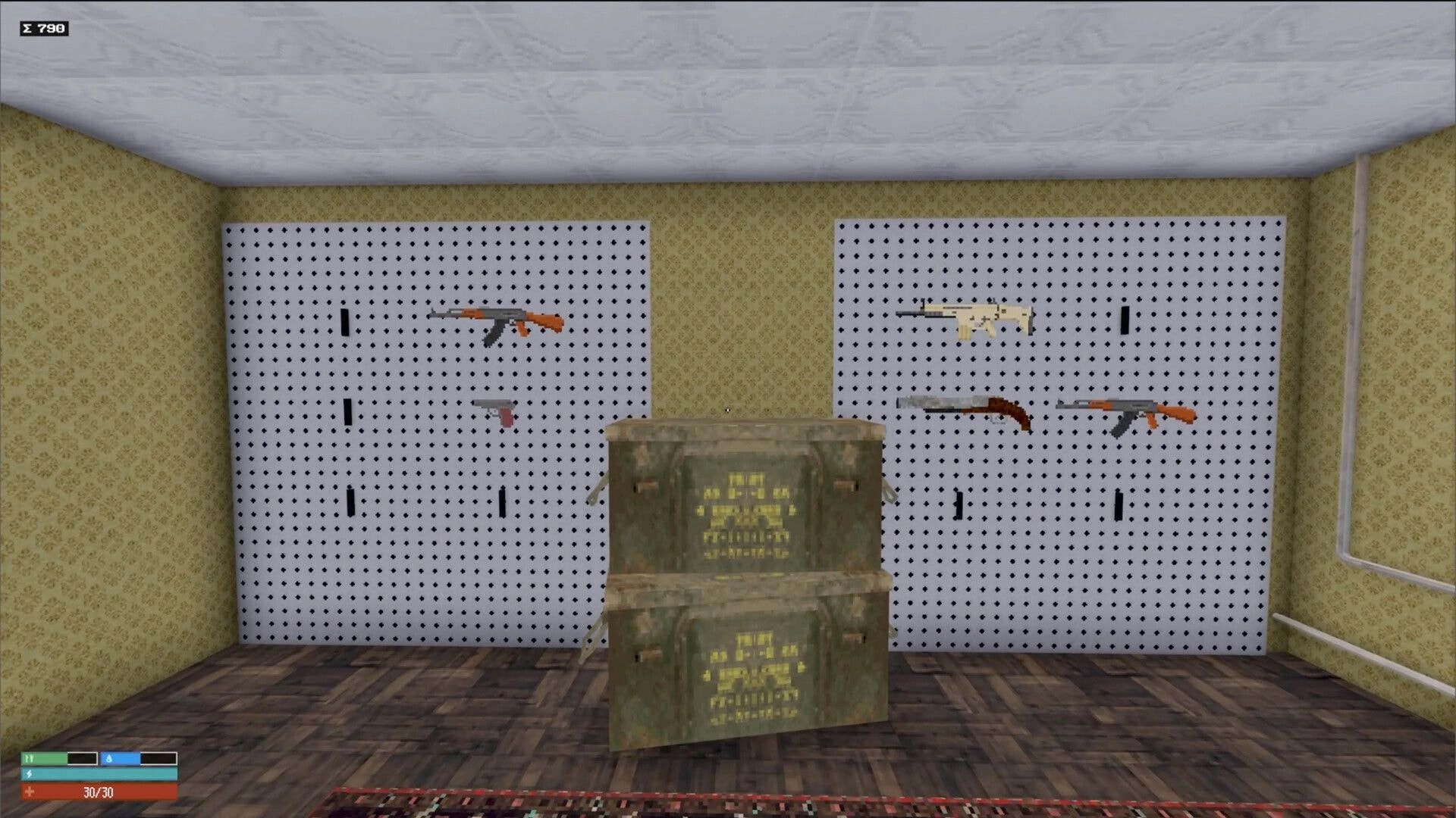 Red Light: Weapon selection room with guns displayed on pegboards and ammo crates in a retro environment