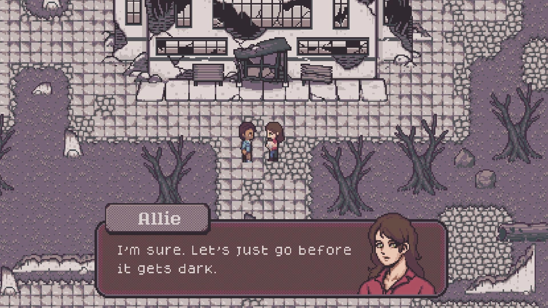Red Rain: Allie talks in a dialogue box as two characters stand by a ruined building and dead trees.