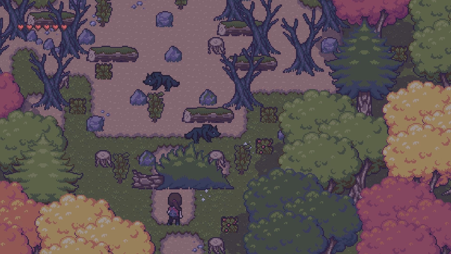 Red Rain: Character approaches two wolves on a forest path with hearts UI amid rocks and fallen logs.