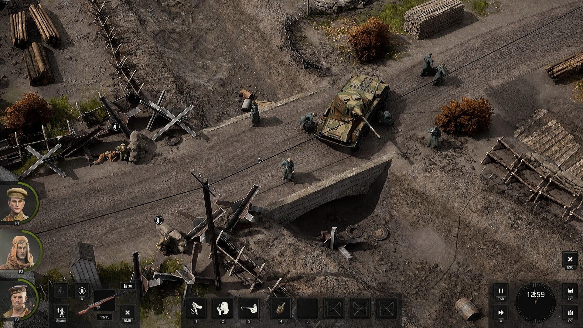 Red Recon: Scouts ambush guards near an armored car on a cratered road with barbed wire UI visible.