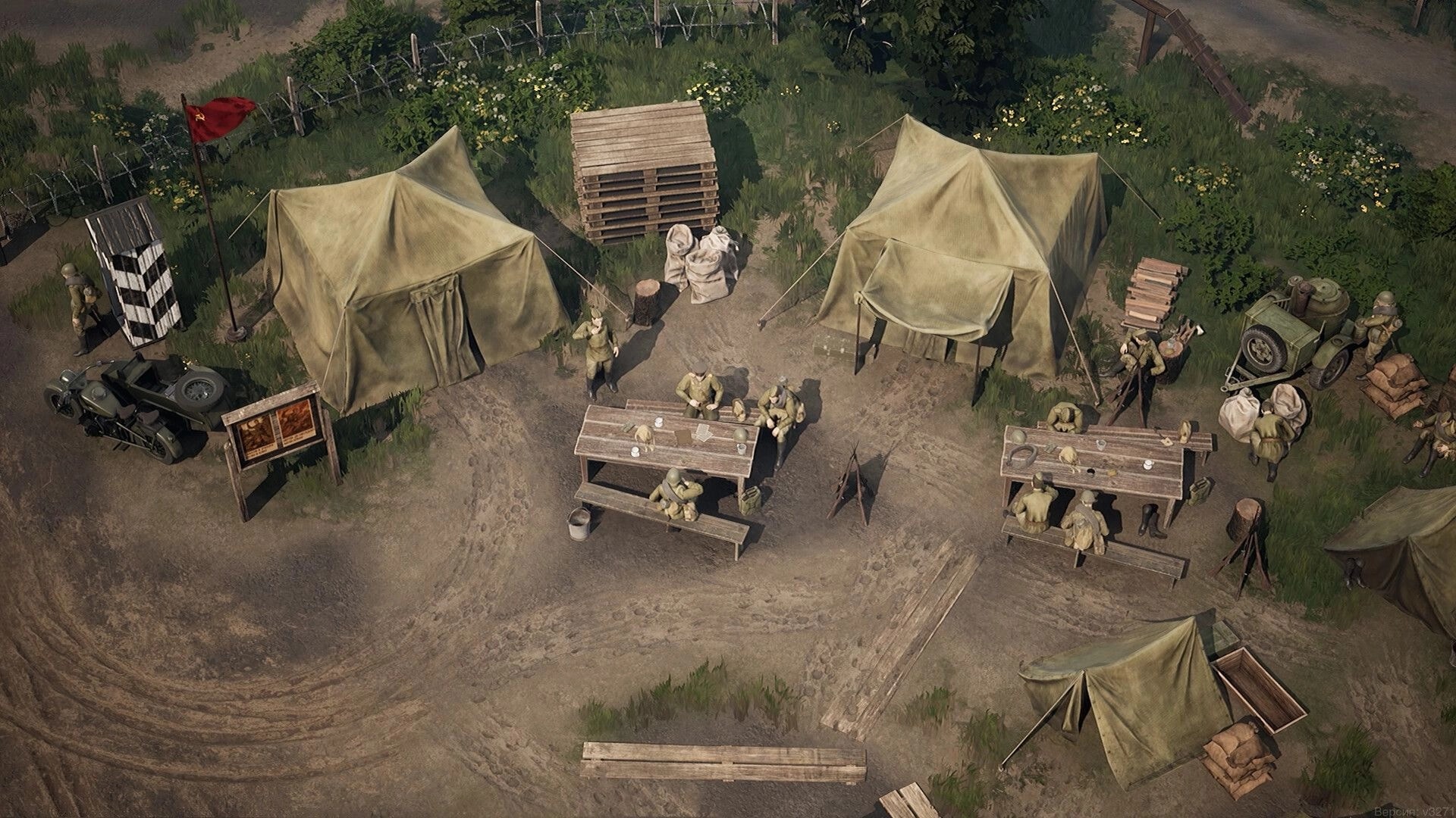Red Recon: Soldiers gather at tables between canvas tents and trucks in a fenced field camp.