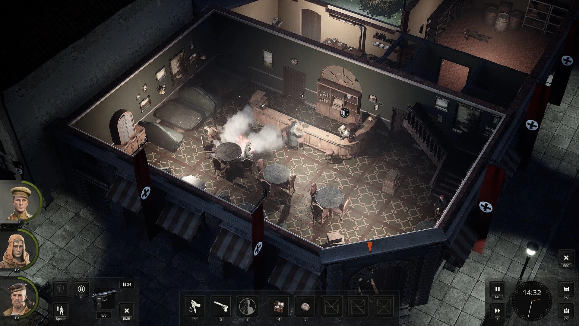 Red Recon: Smoke grenade erupts in a tavern as scouts take cover behind the bar and tables indoors.