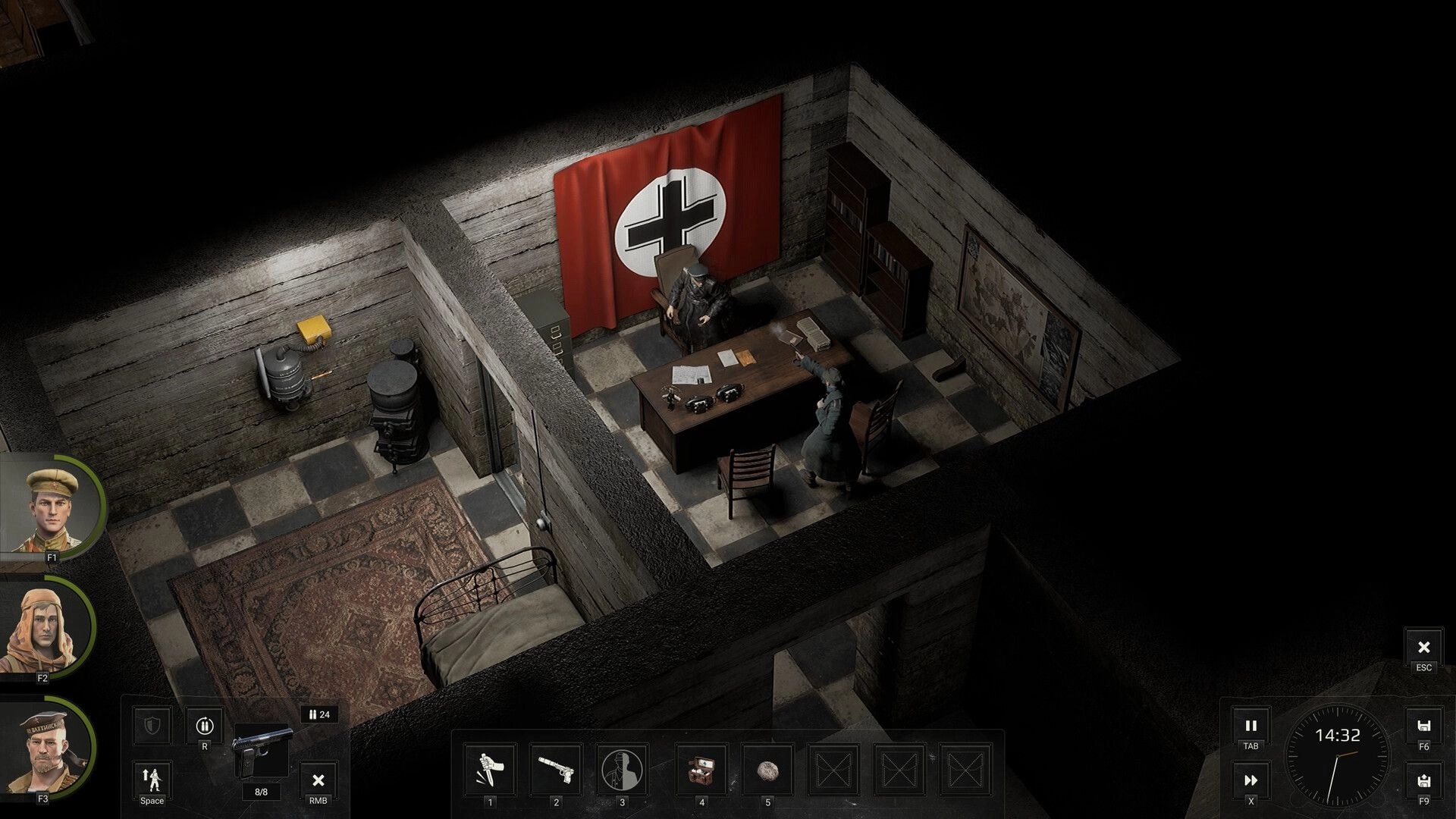 Red Recon: Scout aims pistol at officer behind desk in bunker office, squad portraits and hotbar UI visible.
