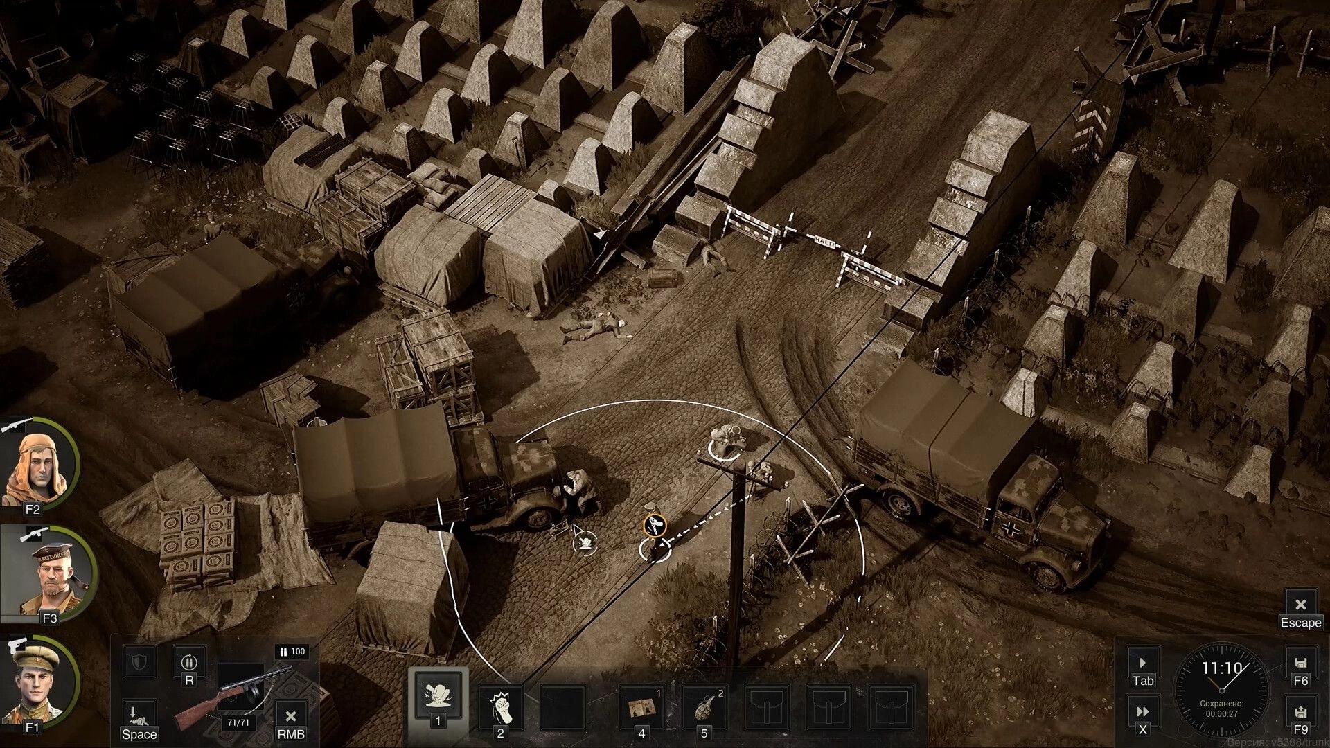Red Recon: Scout aims at a guard near trucks and tents at a road checkpoint, stealth UI visible.