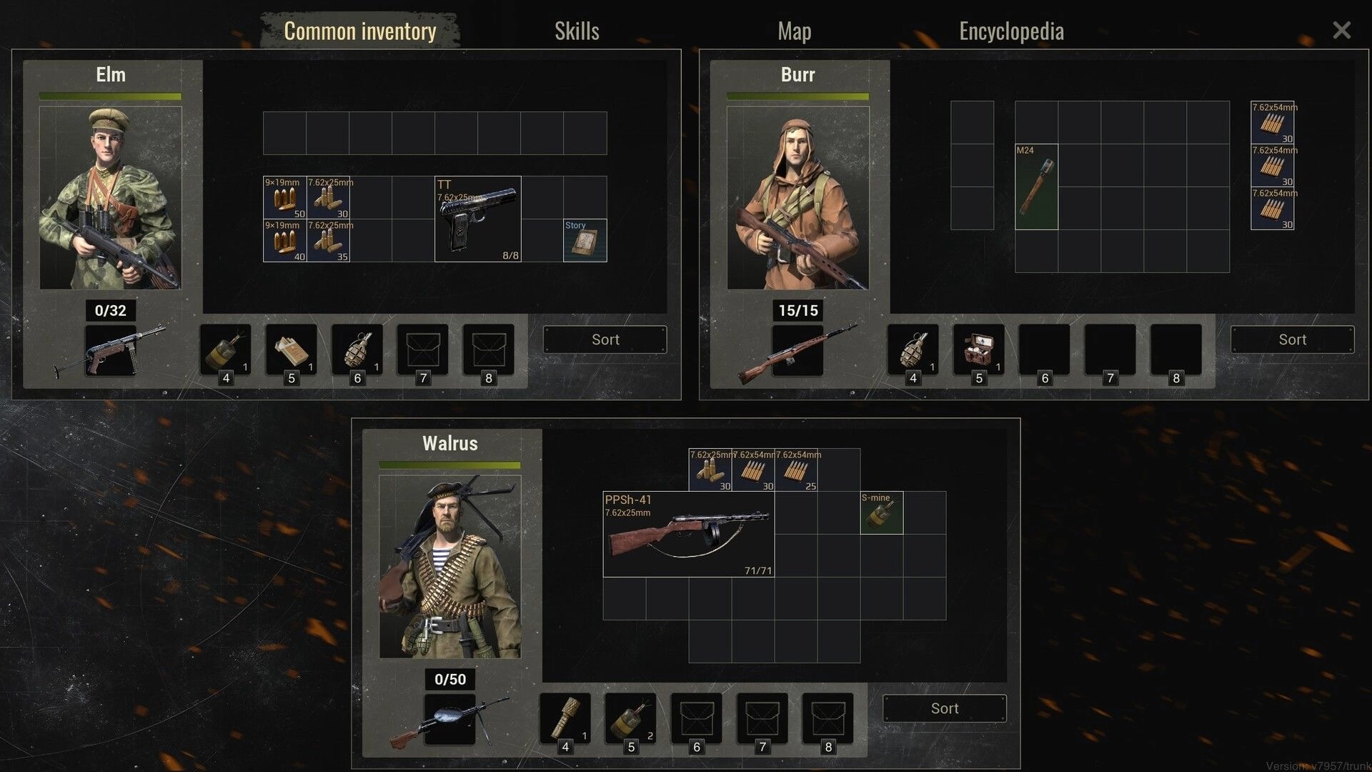 Red Recon: Common inventory screen for Elm, Burr, and Walrus showing weapons, ammo, and gear slots.