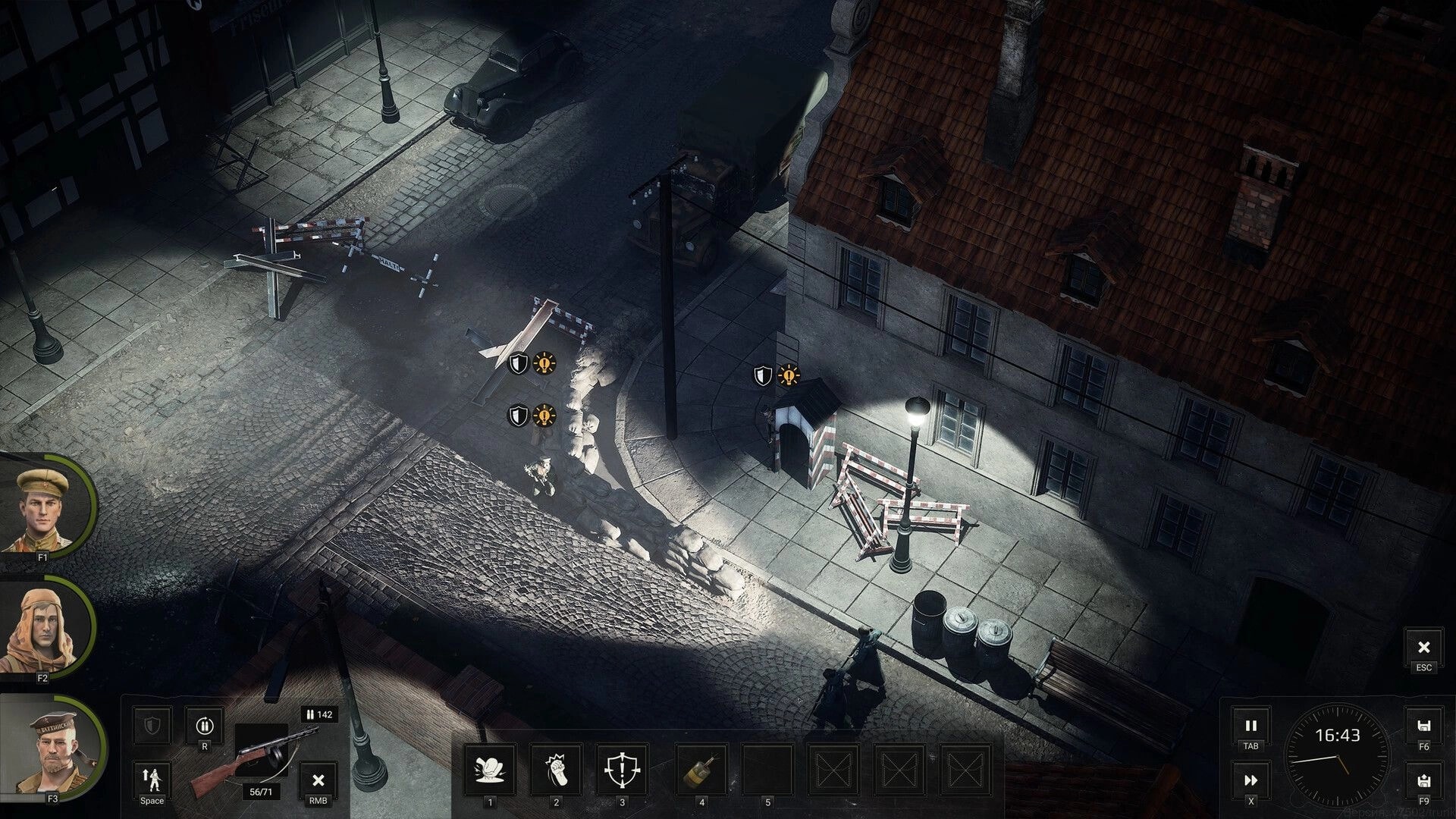 Red Recon: Scout crouches by sandbags watching guards at a night street checkpoint beside houses.