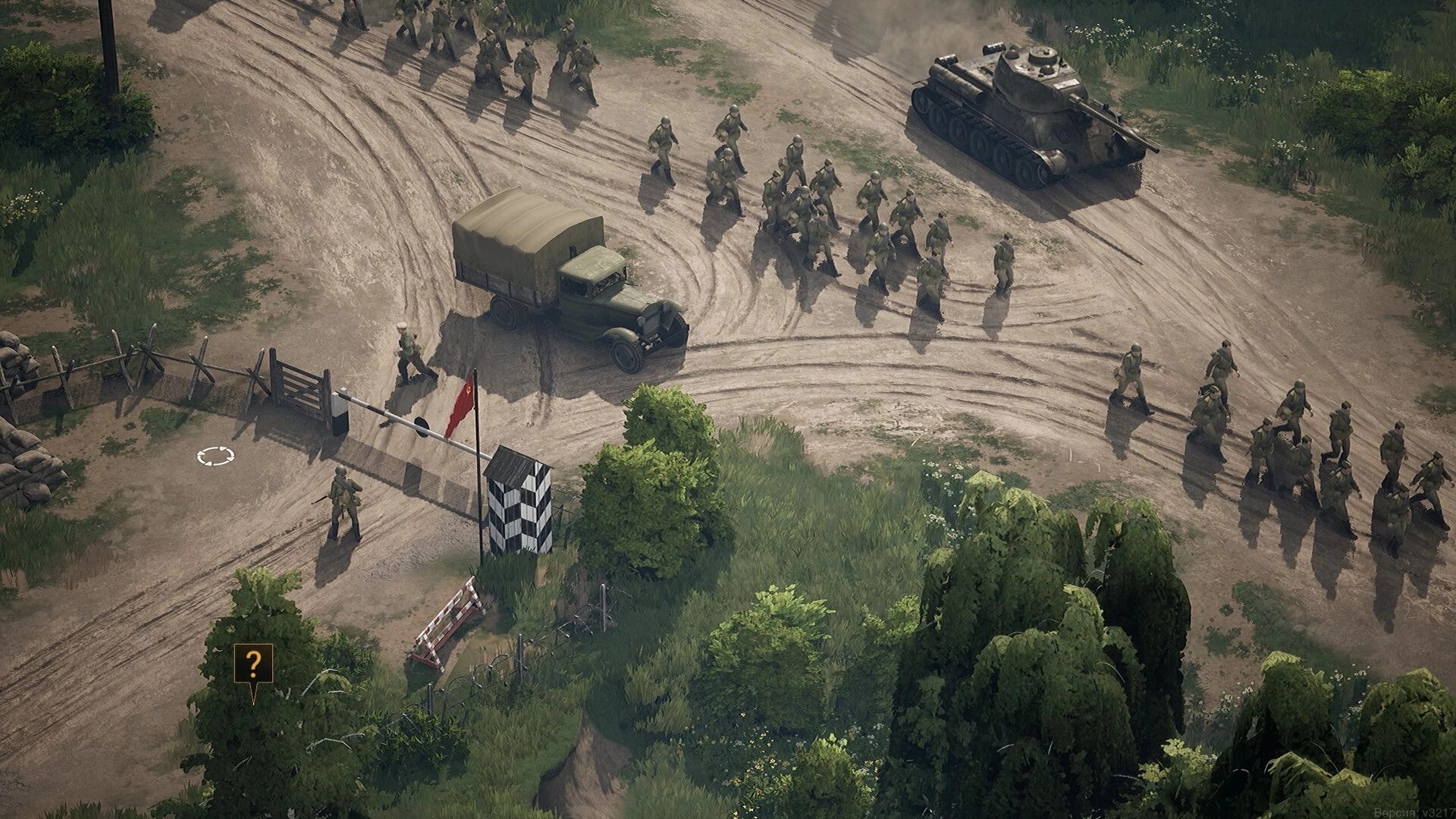 Red Recon: Soldiers gather near a supply truck and tank at a dirt road checkpoint with flags.