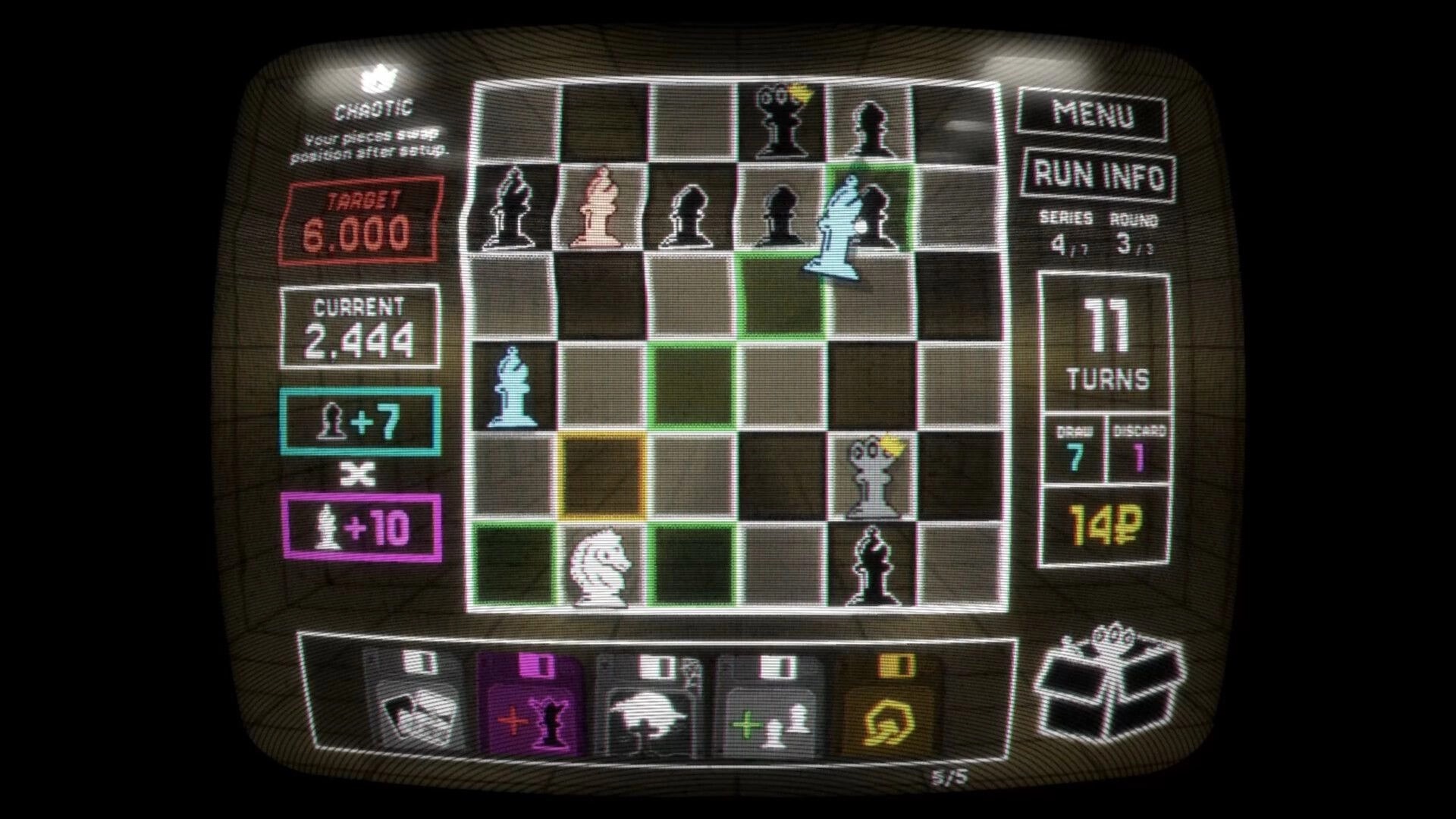 Regicide: Chessboard battle UI with highlighted move squares, score and turns counters on CRT screen.