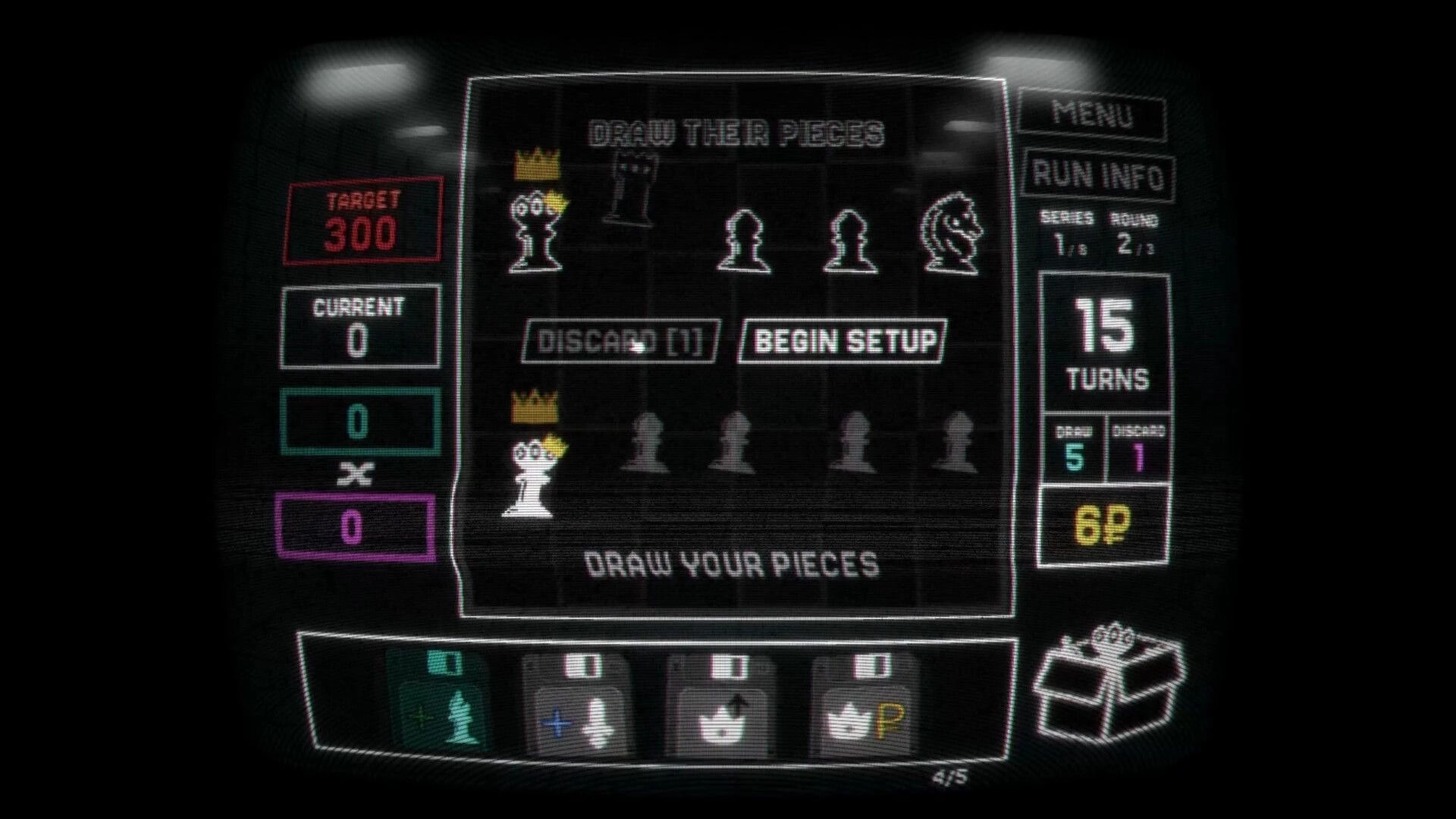 Regicide: Setup screen drawing chess pieces with Begin Setup button, target score and turns UI panels.