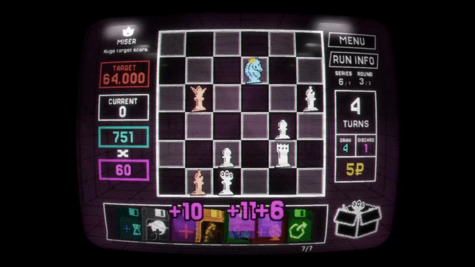 Regicide: Chessboard battle UI with pieces, target score panel, turns counter, and card hand bar.