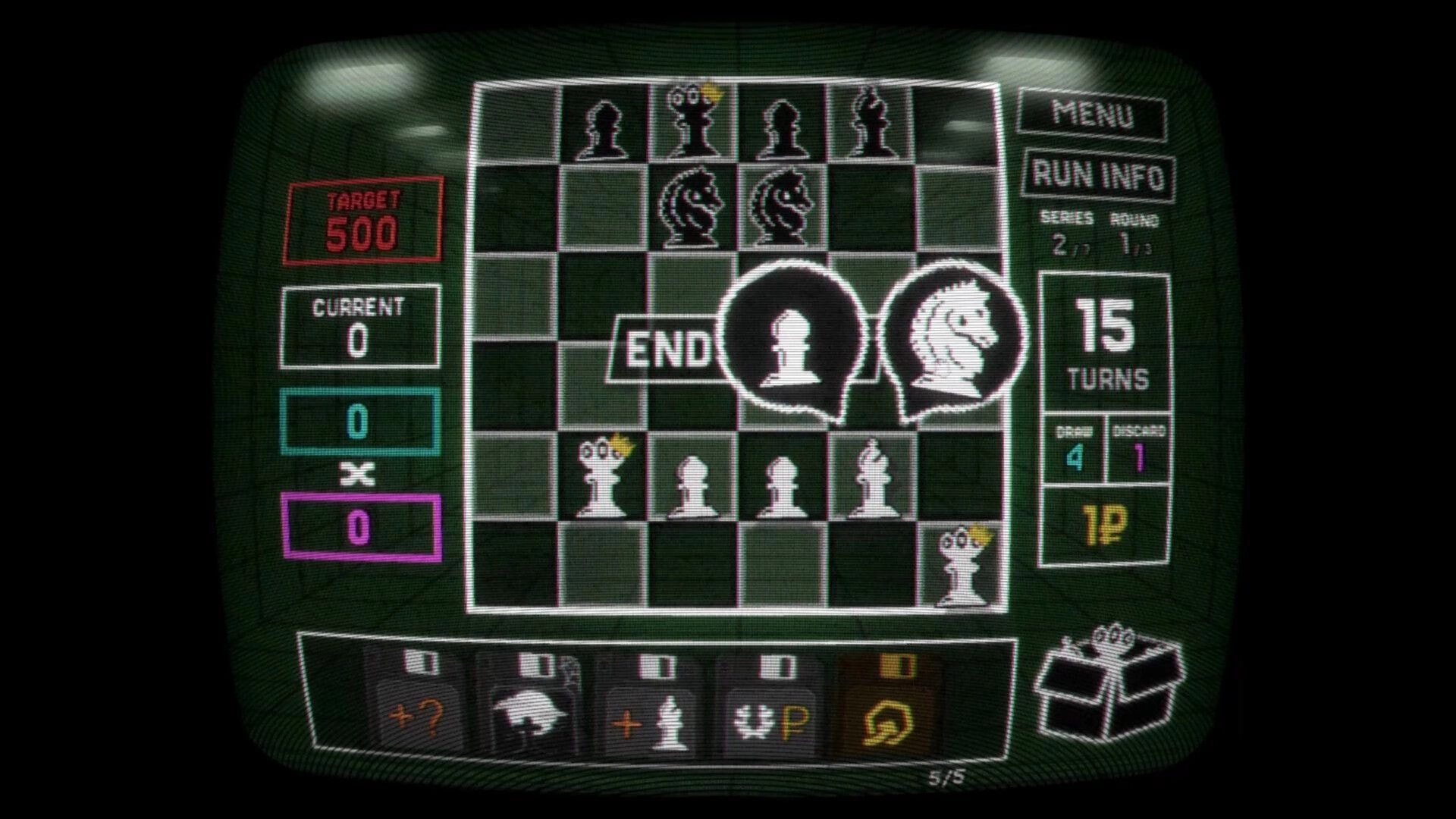 Regicide: Chessboard battle UI with pawn and knight prompts, target score and 15 turns panel on CRT.