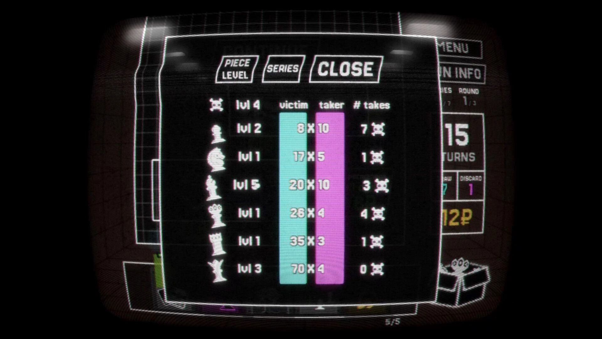 Regicide: Piece level stats panel with victim/taker bars and takes count on a CRT-style UI screen.