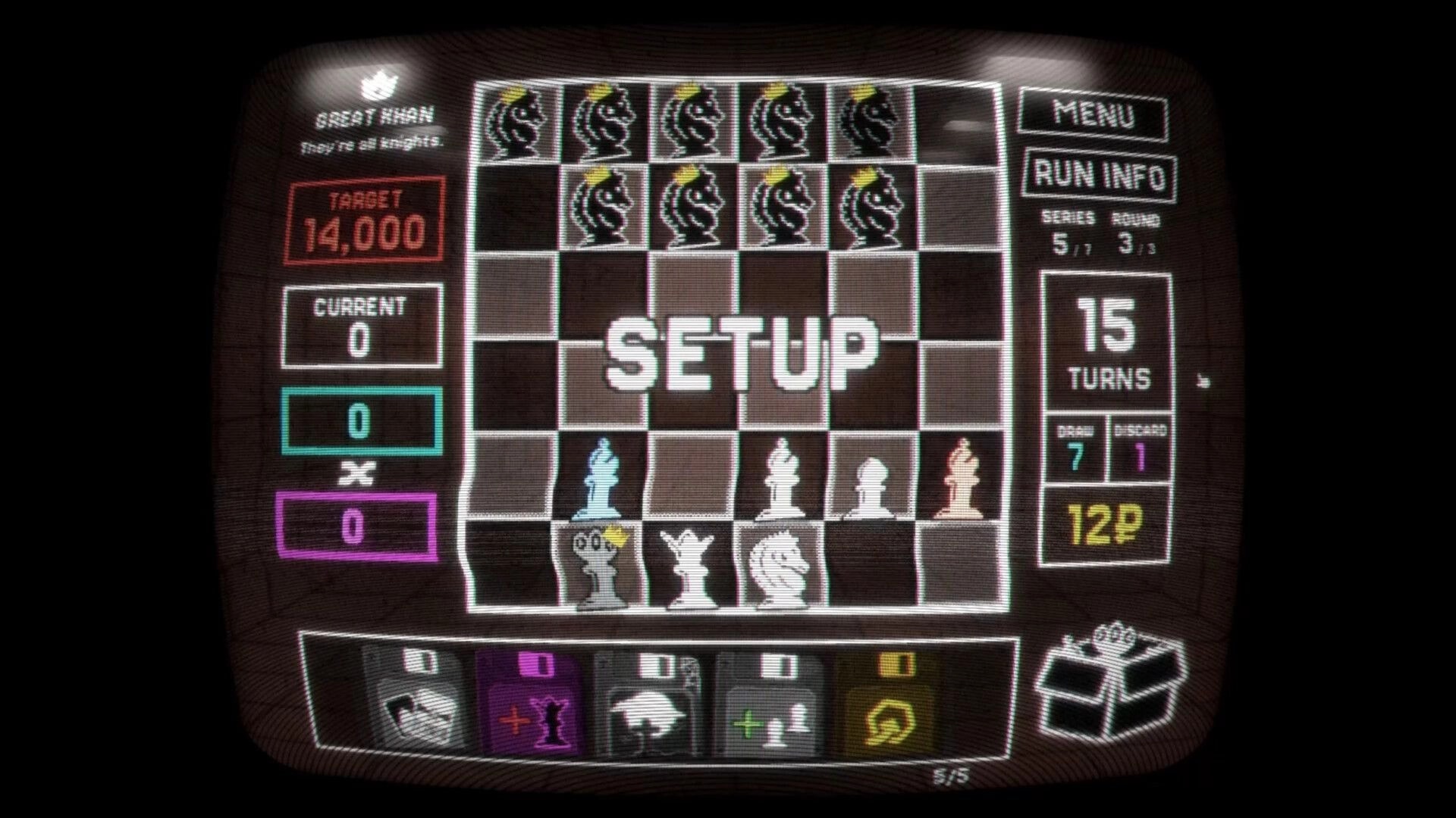 Regicide: Setup phase on a chessboard UI with pieces placed, target score panel and 15 turns info.