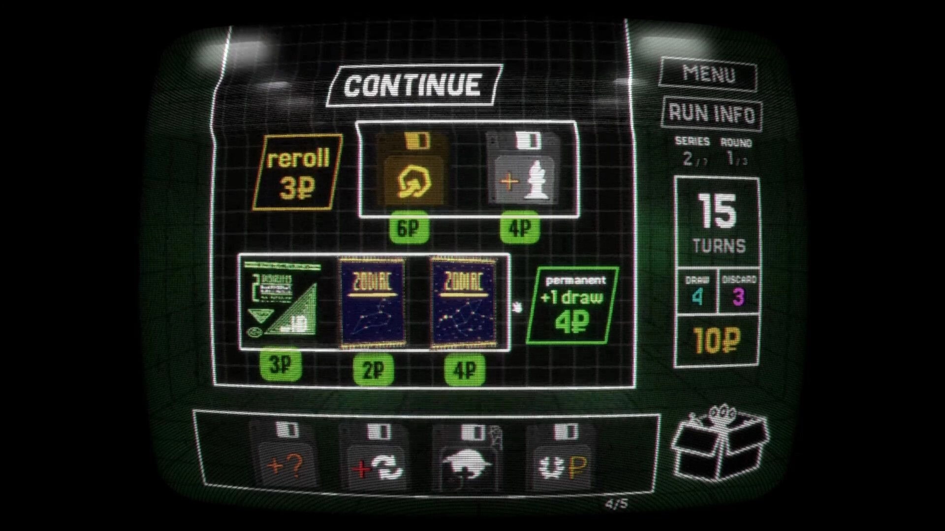 Regicide: Continue screen with reroll and card rewards, plus run info panel showing 15 turns remaining.