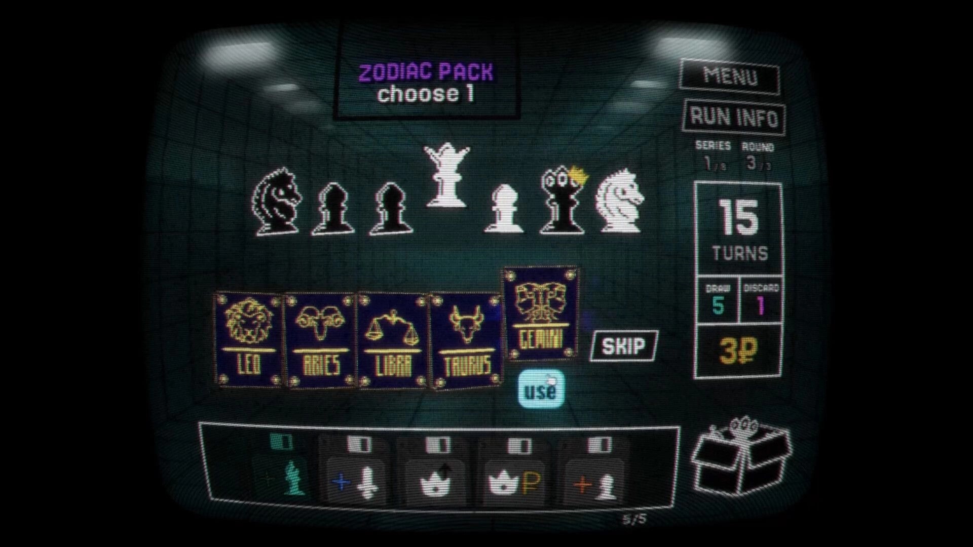 Regicide: Zodiac Pack choose 1 reward screen with tarot-like cards and run info panel in dark room.
