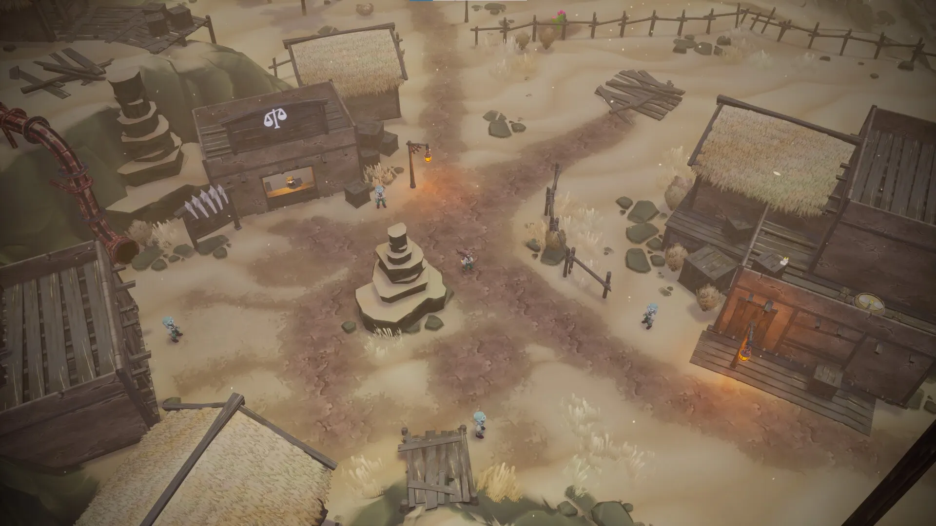 Rekindled Trails: Overhead view of desert village with NPCs, wooden huts, and central stone monument