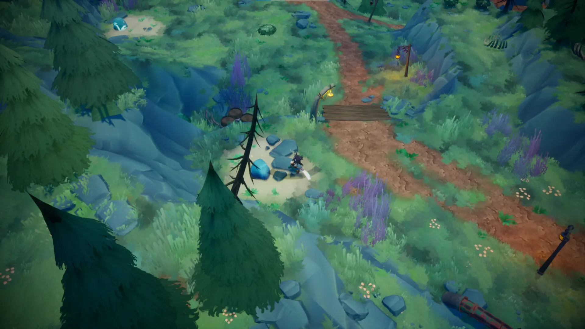 Rekindled Trails: Character explores lush forest path with mysterious glowing stone and wooden bridge.