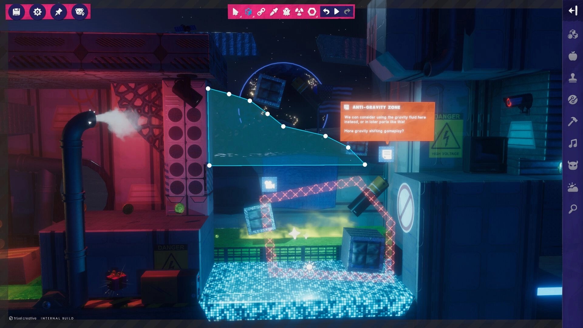 Restitched: Level editor with polygon anti-gravity zone overlay in a neon industrial platform room.