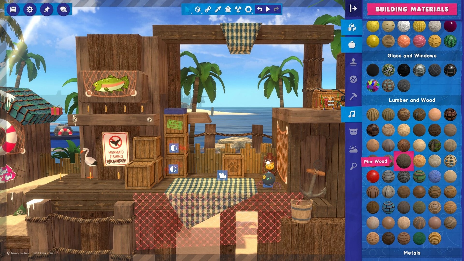 Restitched: Building materials editor open over a wooden pier scene with palm trees and ocean backdrop.