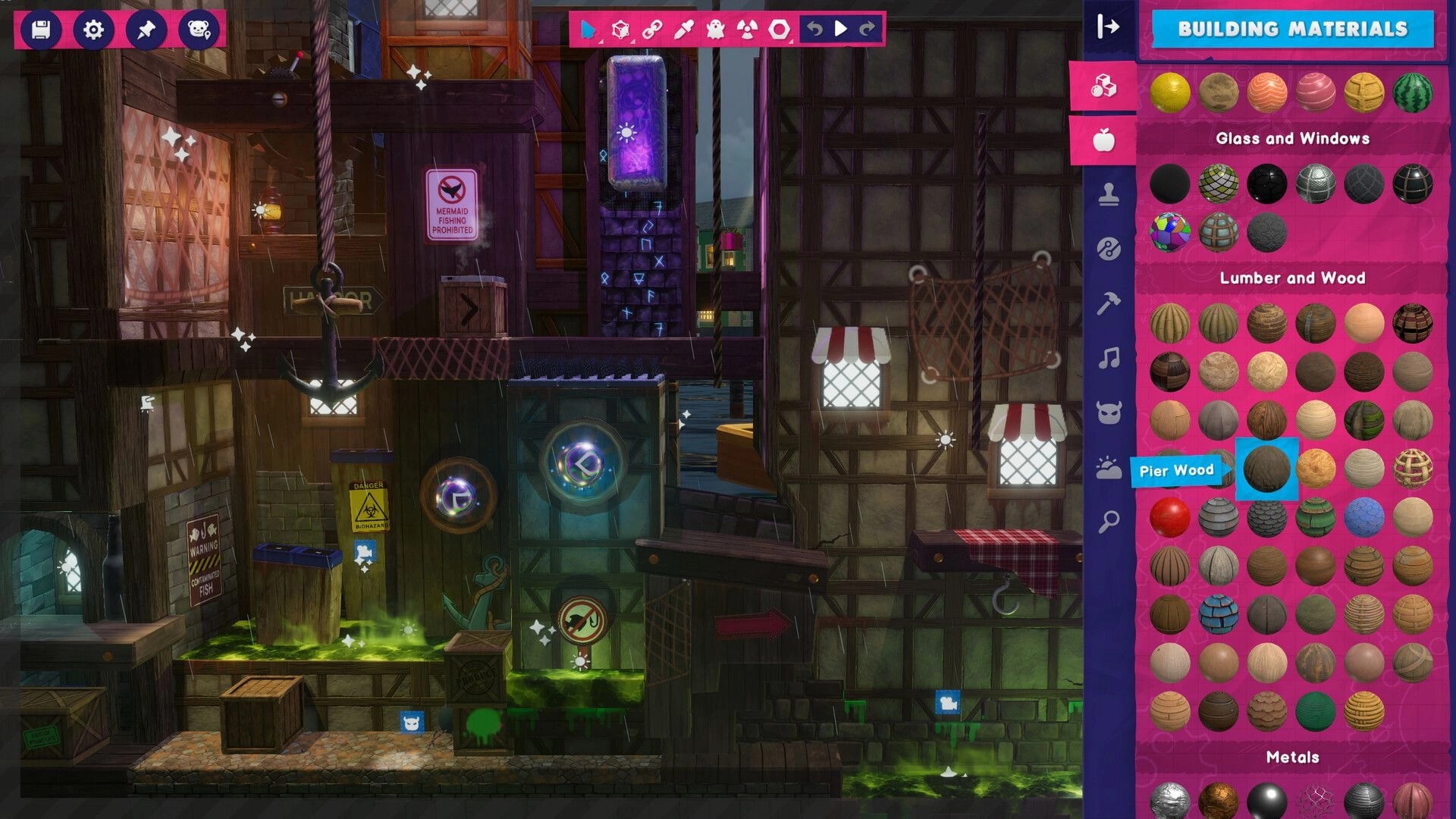 Restitched: Level editor with Building Materials palette open over a rainy dockside platforming stage.