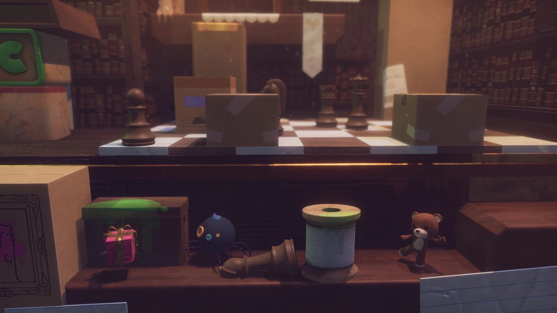 Restitched: Teddy bear stands by thread spool on toy shelf beneath a chessboard in cozy workshop scene.