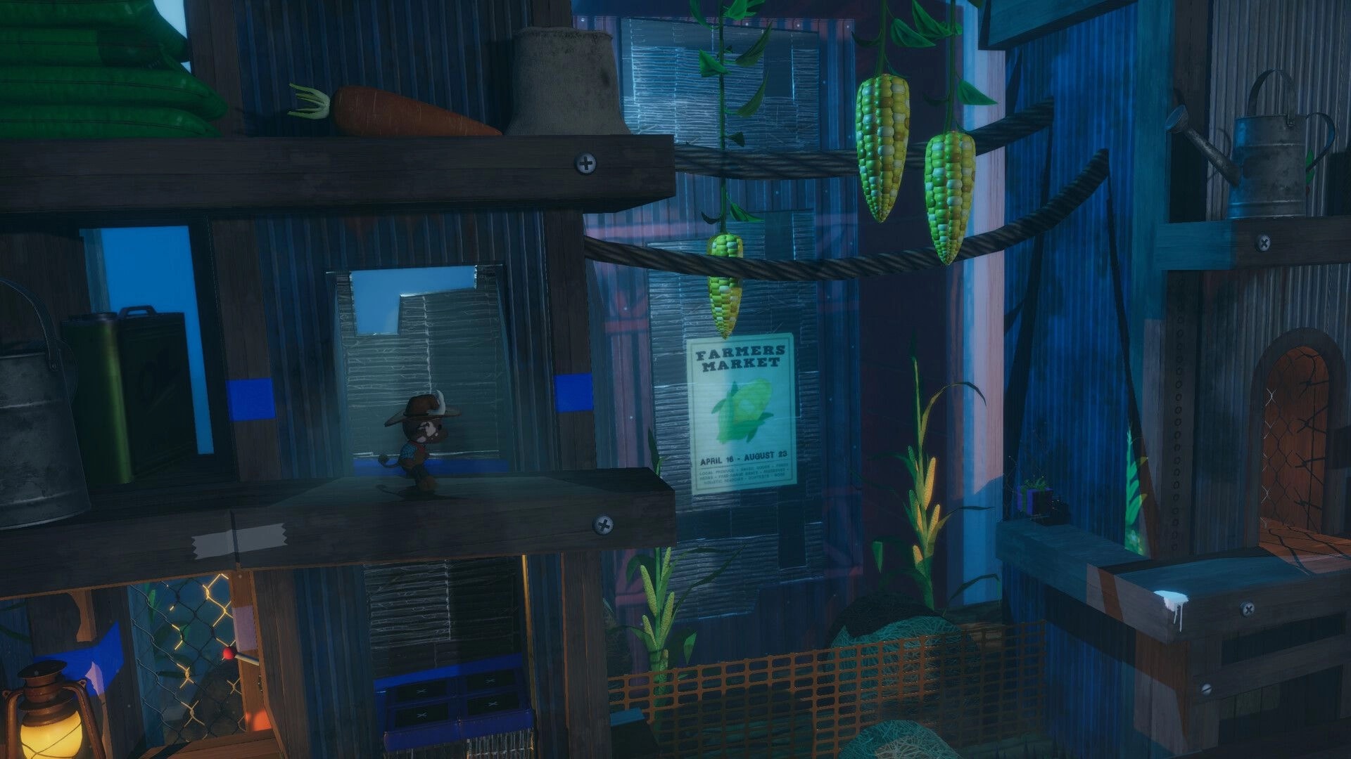 Restitched: Stuffy runs along wooden platforms inside a shed with hanging corn and a farmers market poster.