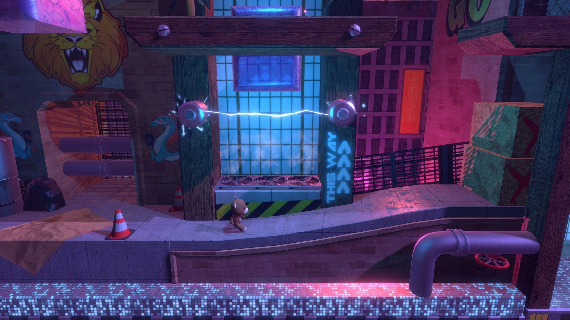 Restitched: Stuffy walks past crackling electric nodes on an industrial catwalk with neon signs and pipes.