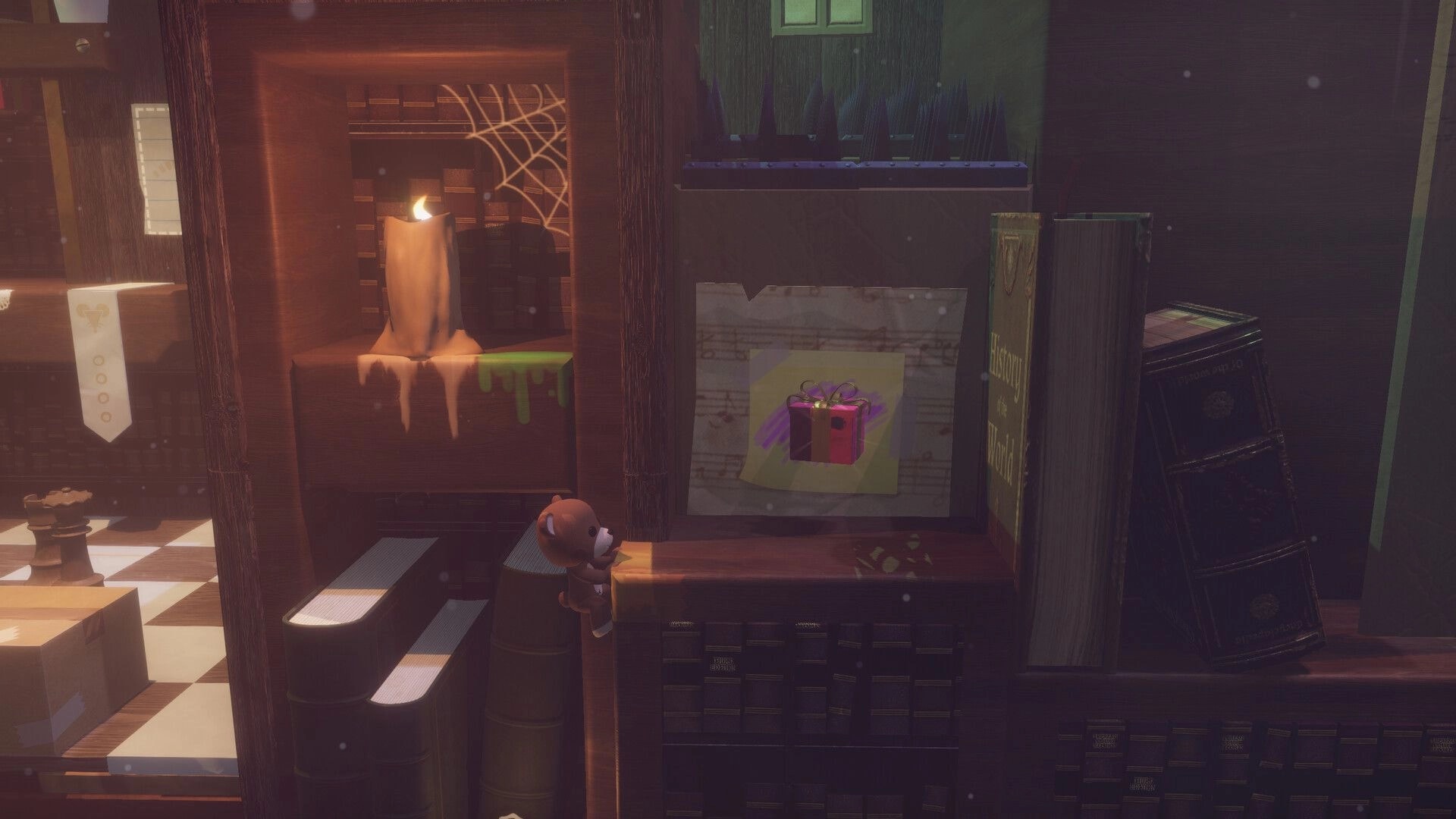Restitched: Stuffy climbs stacked books and barrels beside a lit candle in a dusty library nook.
