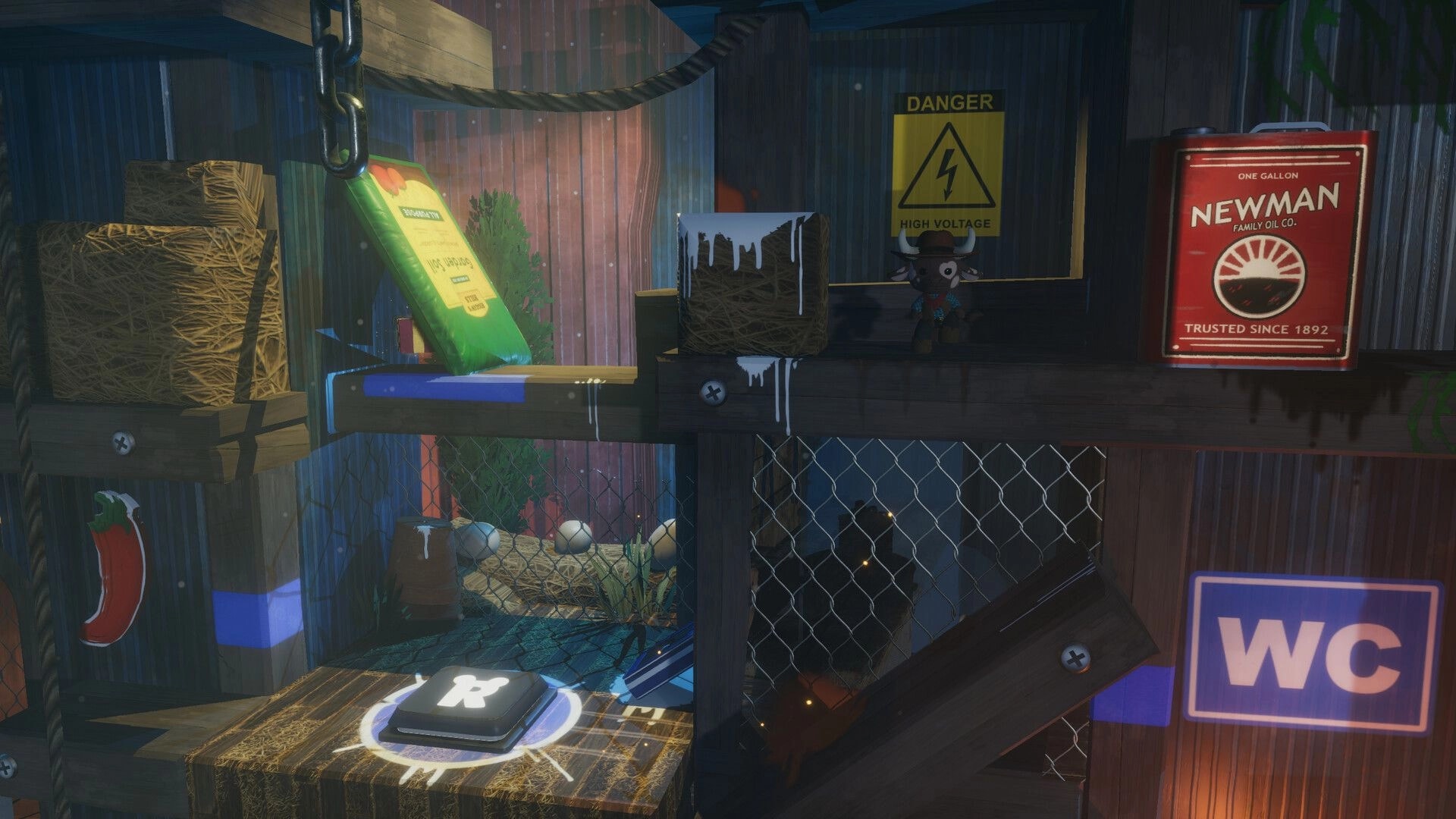Restitched: Stuffy stands on a wooden ledge in a rainy scrapyard with hazard signs, crates, and chains.