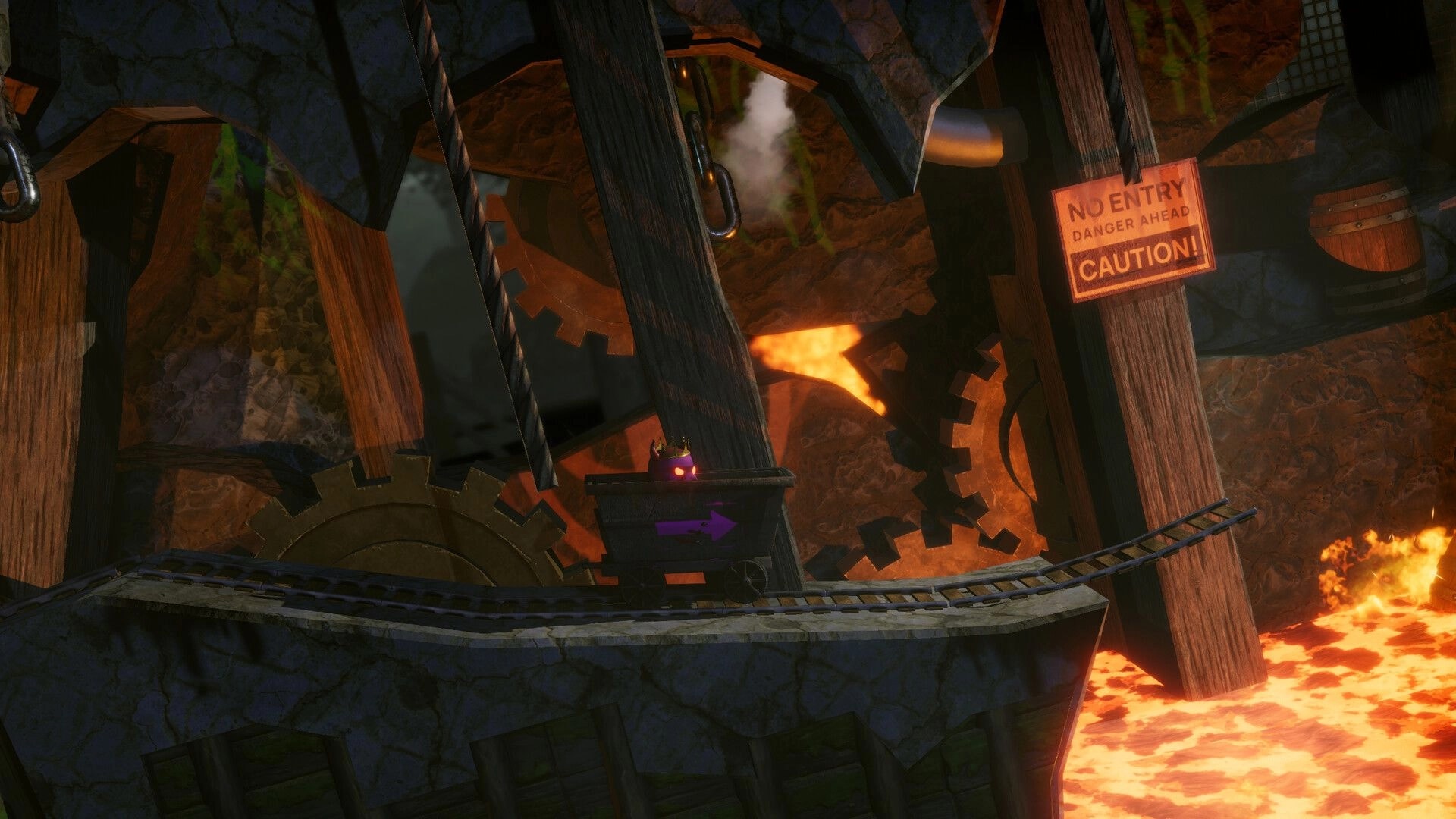 Restitched: Small plush hero rides a mine cart past giant gears in a lava-lit cave with caution sign.