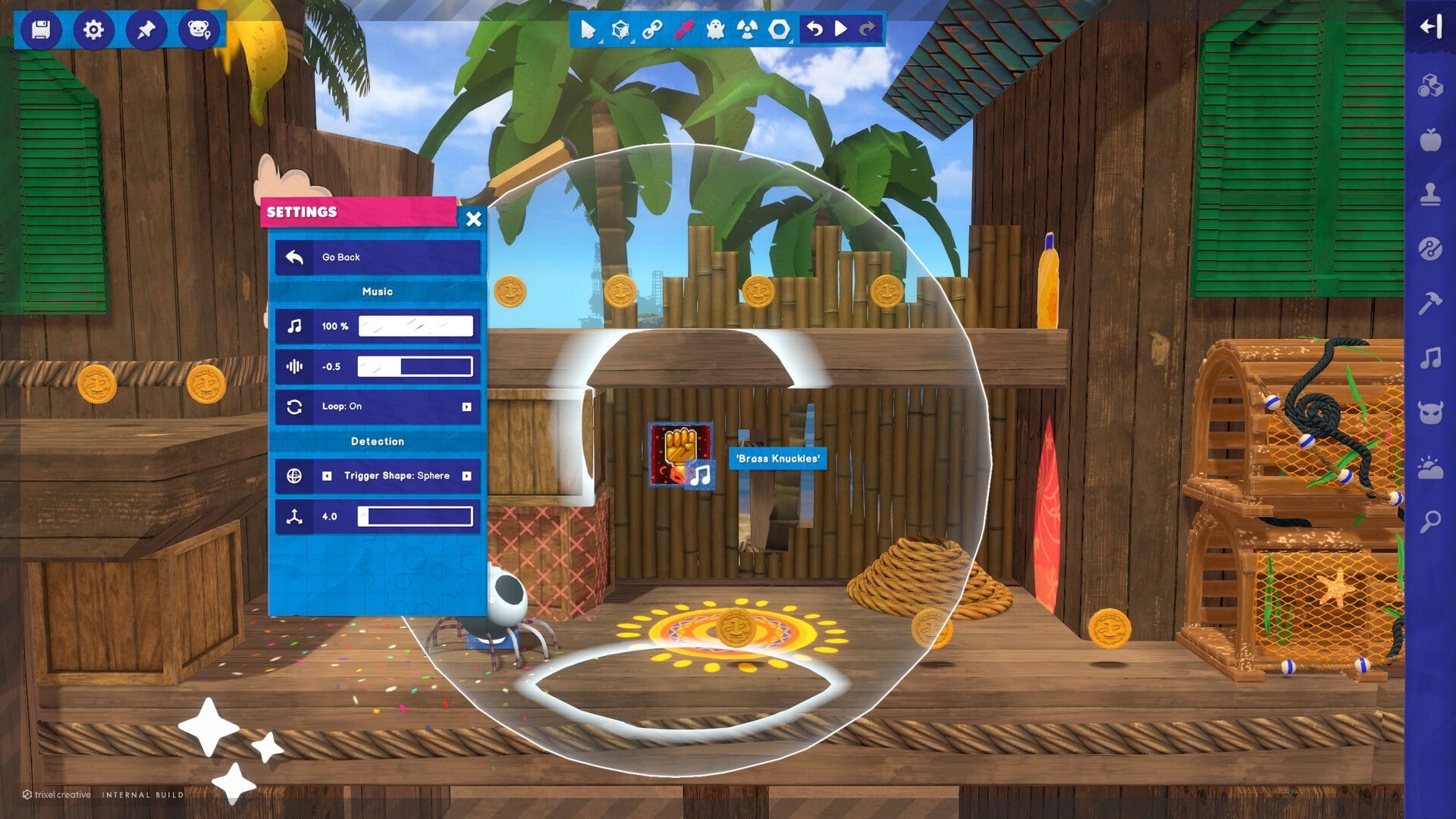 Restitched: Settings panel open in level editor over wooden dock scene with coins and crates.